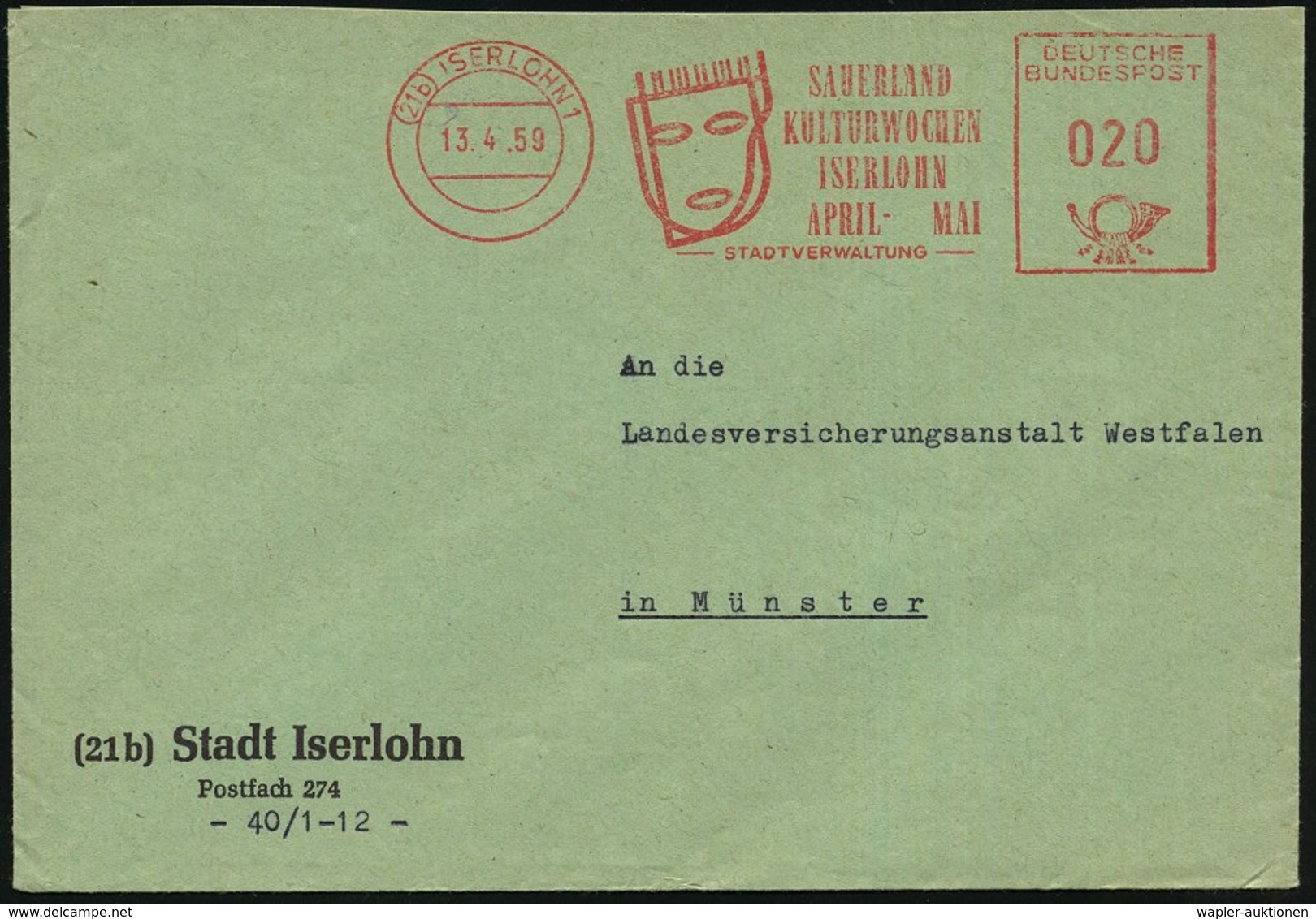 1959 (13.4.) (21 B) ABSENDER-Freistempel: SAUERLAND KULTURWOCHEN.. (Maske U. Flügel) Kommunalbrief - Musik-Instrumente / - Other & Unclassified