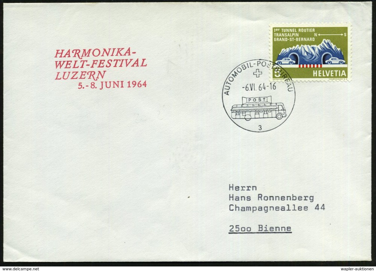 1964 (6.4.) SCHWEIZ, Amtl. Handnebenstempel: LUZERN, HARMONIKA-WELT-FESTIVAL + 1K: SCHWEIZ. AUTOMOBILPOSTBUREAU 3, Ortsb - Other & Unclassified