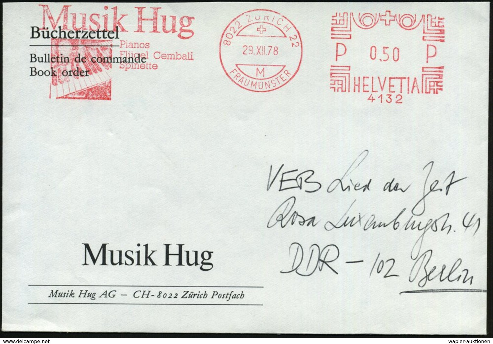 1978 (29.12.) SCHWEIZ, Absender-Freistempel: 8022 ZÜRICH 22, Musik Hug, Pianos, Flügel Cembali, Spinette (Klavier-Tastat - Other & Unclassified