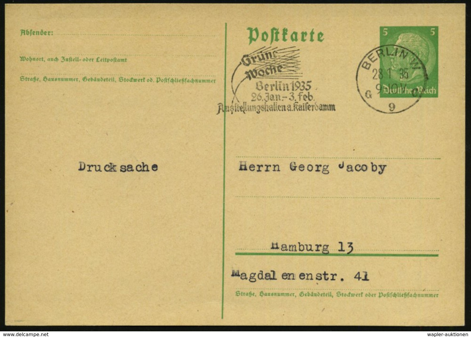 1935 (28.1.) BERLIN W 9, Maschinen-Werbestempel: Grüne Woche Berlin 1934 (2 Ähren) Inl.-Karte (Bo.158 A II) - Agrikultur - Other & Unclassified