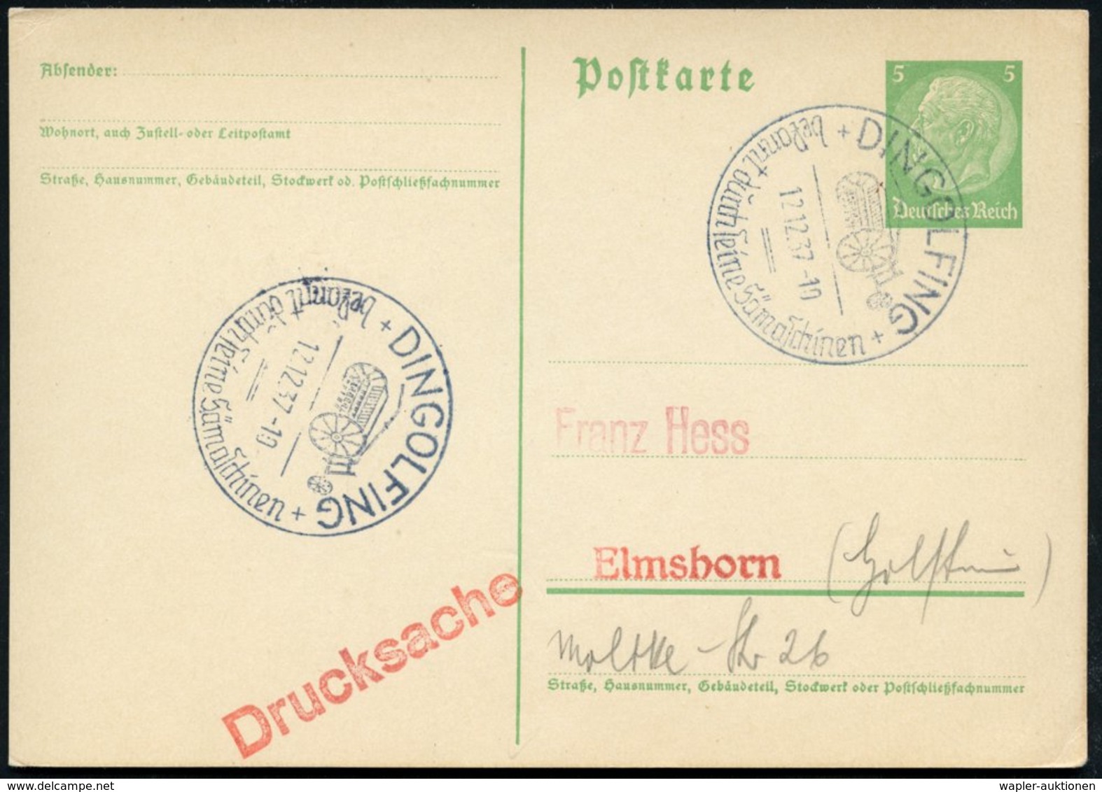 1937 (12.12.) DINGOLFING, Hand-Werbestempel: Bekannt Duch Seine Sämaschinen(Sämaschine) Inl.-Karte (Bo.1 , Erstjahr!) -  - Other & Unclassified