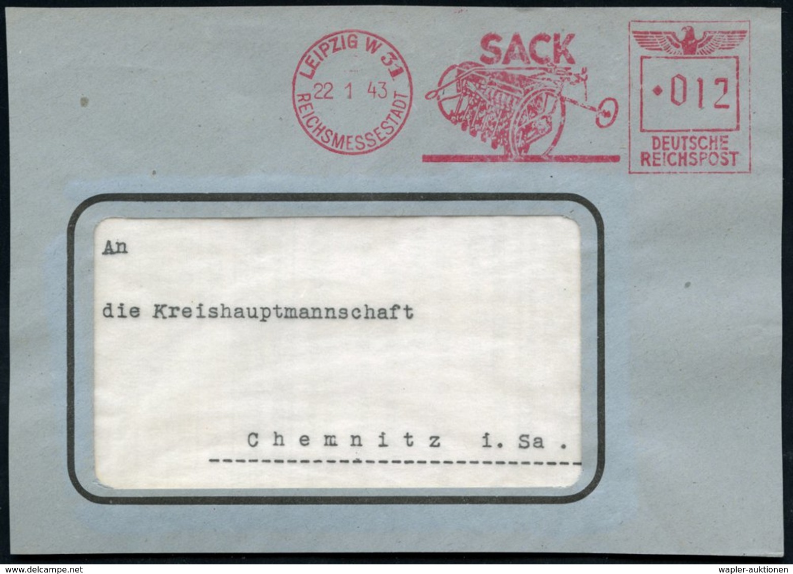 1943 (22.1.) LEIPZIG W 31 REICHSMESSESTADT; Absender-Freistempel: SACK = Landwirtschaftl. Gerät, Kleine Bedarfs-Vorderse - Other & Unclassified