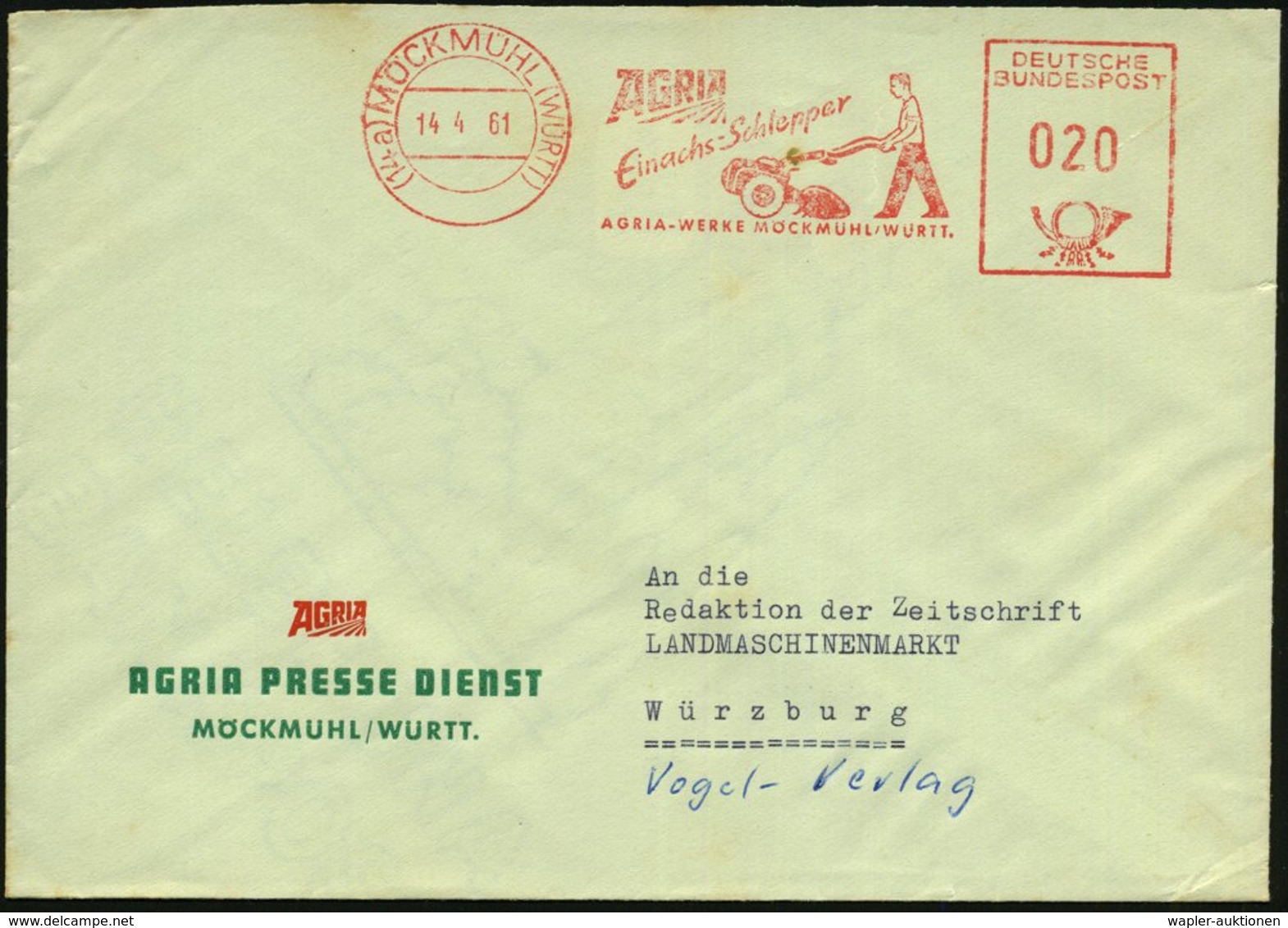 1961 (14 A) MÖCKMÜHL, Absender-Freistempel: AGRIA Eiachsschlepper.. (Einachs-Motorpflug) Firmenbrief - Agrikultur & Land - Other & Unclassified