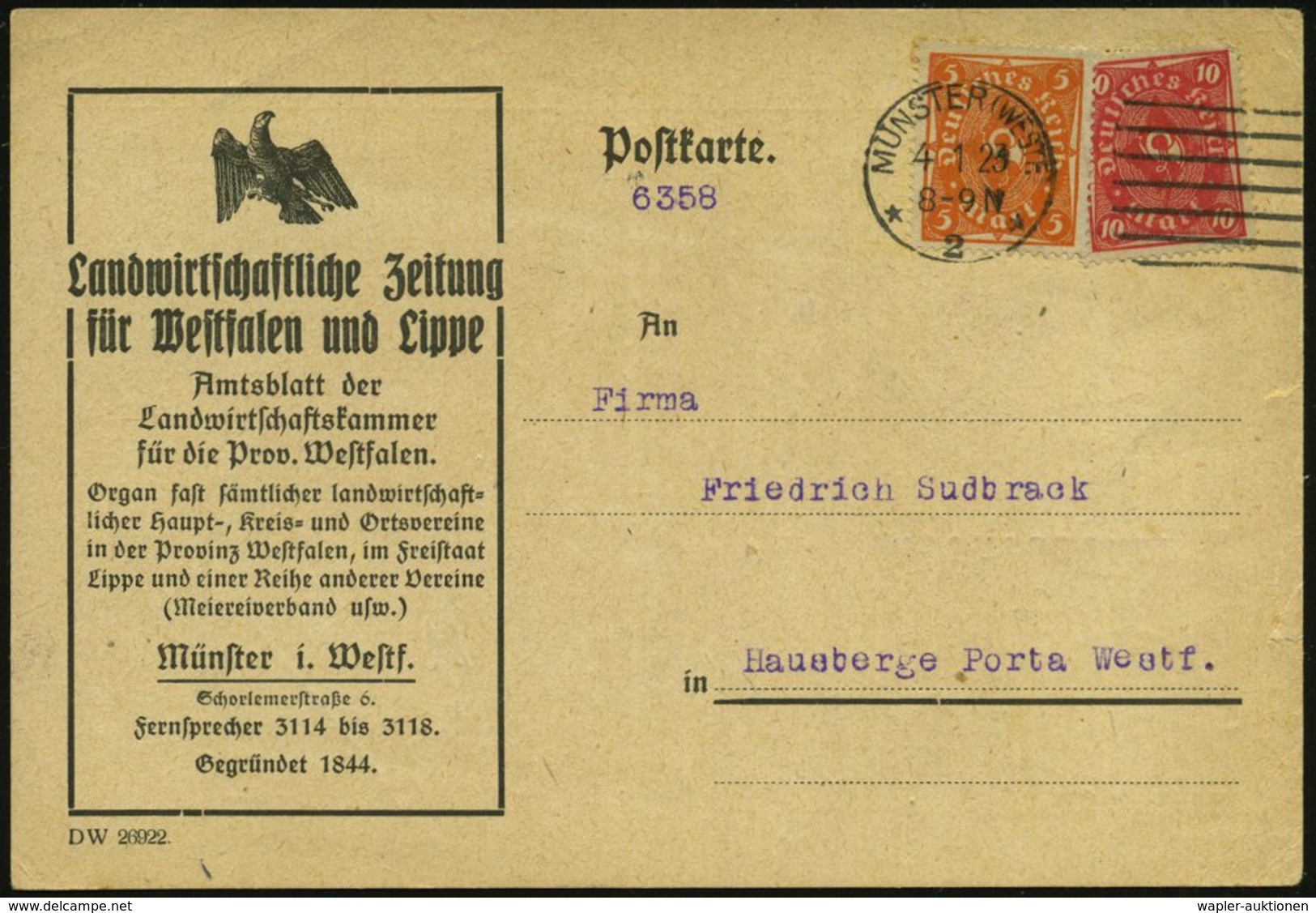 1923 (4.1.) MÜNSTER 2, Vordruckkarte: Landwirtschaftl. ZEITUNG FÜR Westfalen U. Lippe (preuß. Adler) Infla-Frankatur + M - Other & Unclassified