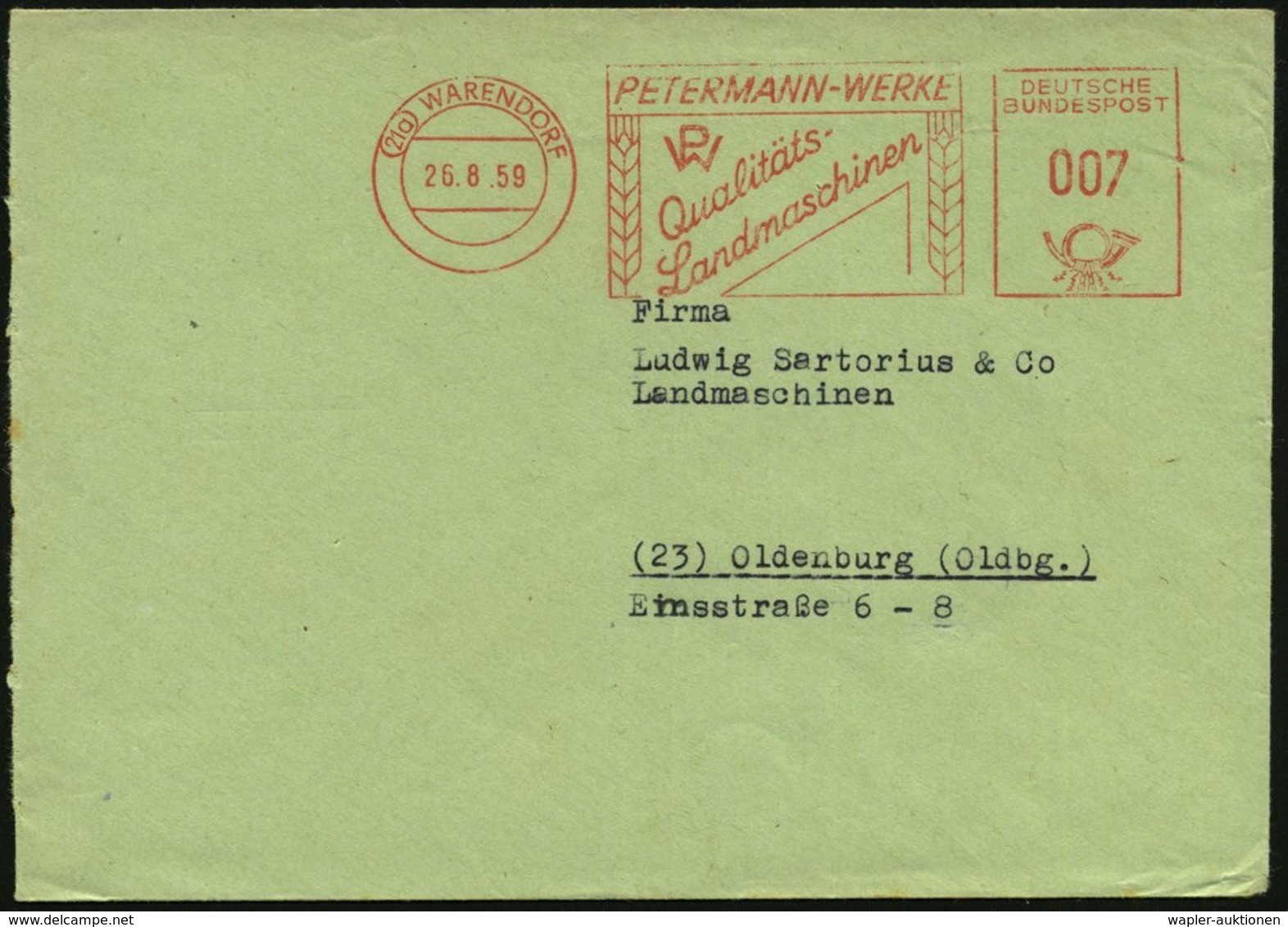 1959 (21 A) WARENDORF, Absender-Freistempel: PETERMANN-WERKE.. Landmaschinen (2 Ähren) Firmenbrief - Agrikultur & Landwi - Other & Unclassified