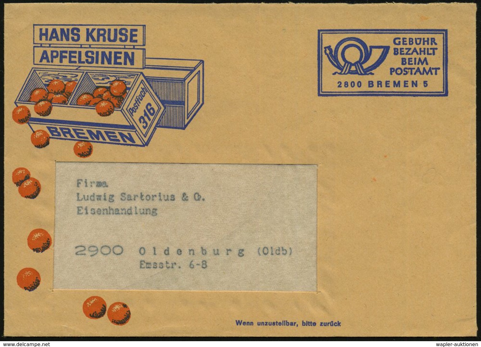 1969 2800 Bremen 5, Zweifarbiger Reklamebrief: HANS KRUSE APFELSINEN + Rs. Reklame (Gebühr Bezahlt) Inl.-Brief - Agrarpr - Other & Unclassified
