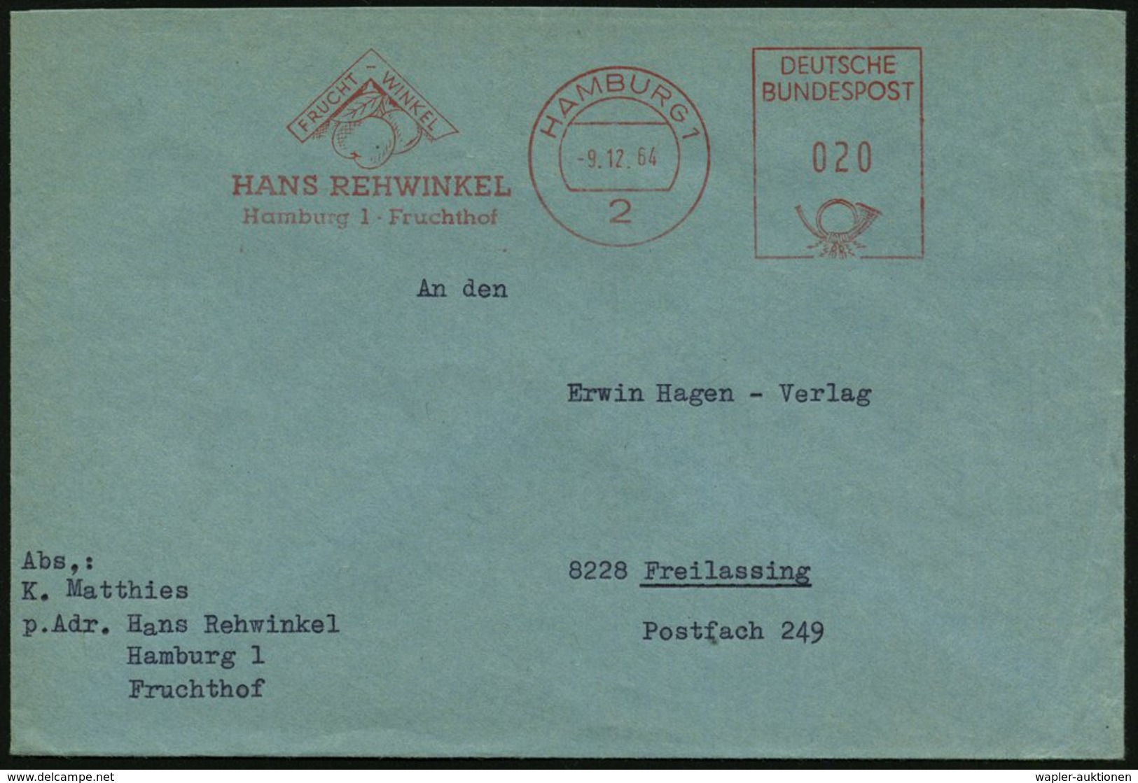 1964 (9.12.) 2 HAMBURG 1, Absender-Freistempel: HANS REHWINKEL; FRUCHT-WINKEL (Äpfel Unter Winkelmaß) Firmenbrief - Agra - Other & Unclassified
