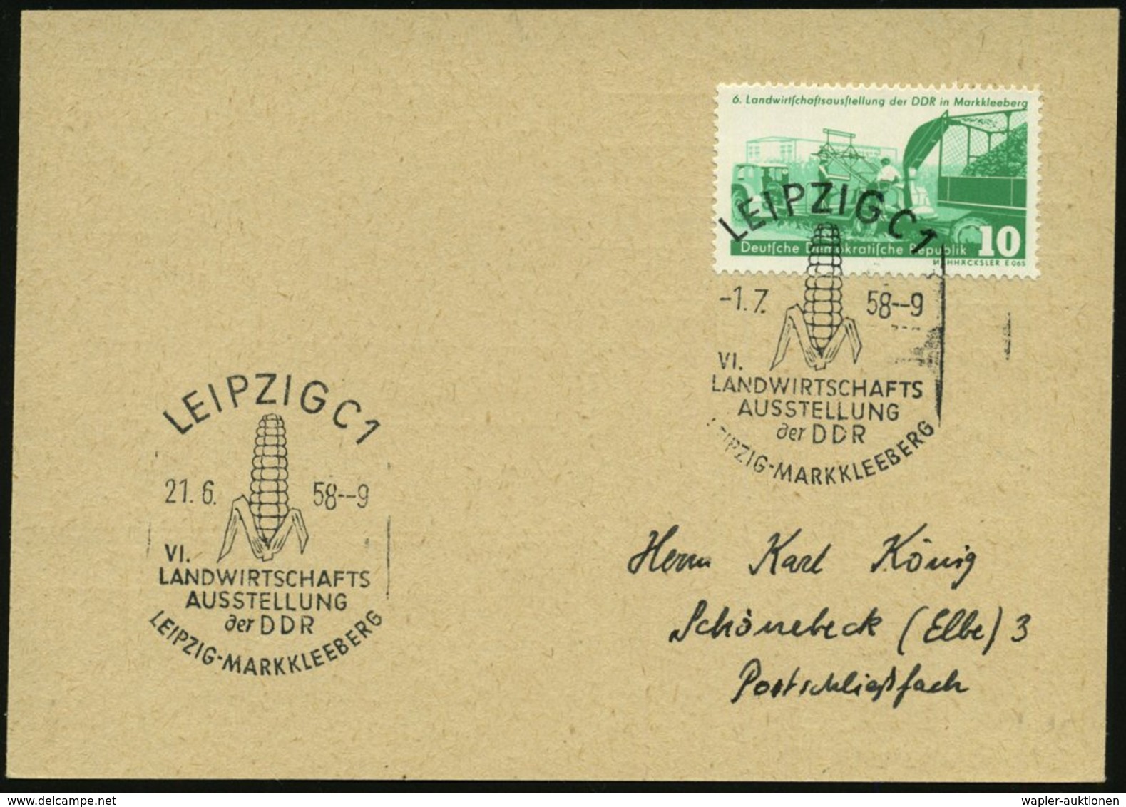 1958 (1.7.) LEIPZIG C 1, Sonderstempel: VI. LANDWIRTSCHAFTS-AUSSTELLUNG Der DDR (Maiskolben) Auf Passender EF 10 Pf.  "6 - Other & Unclassified