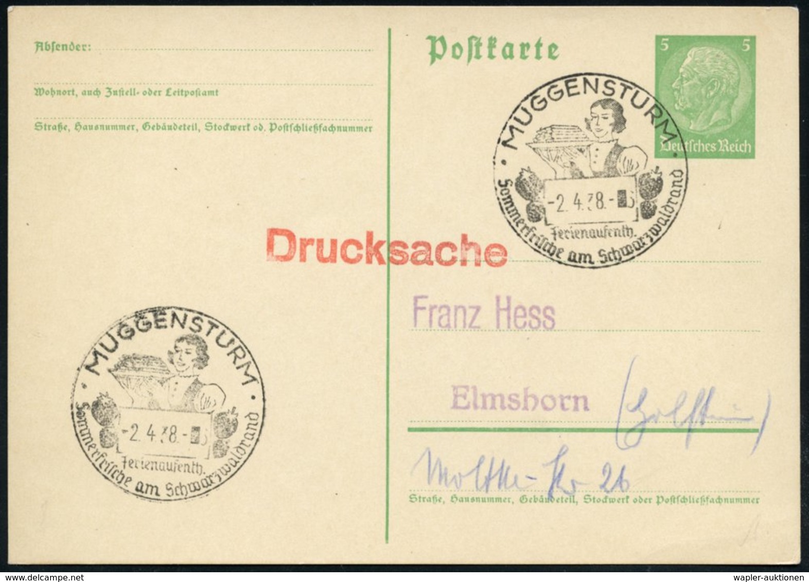 1938 (2.4.) MUGGENSTURM, Handwerbestempel: Sommerfrische Am Schwarzwald (Frau Mit Spargel-Teller, Erdbeeren) Inl.-Karte  - Other & Unclassified