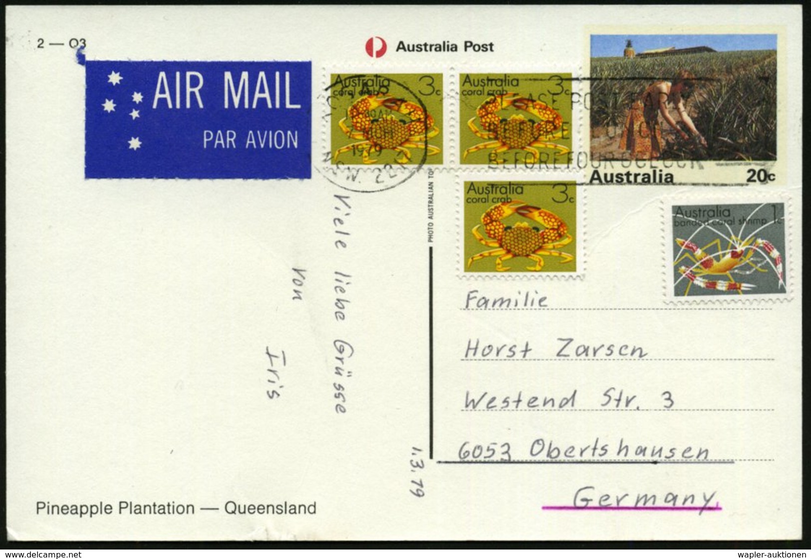 1979 AUSTRALIEN, 20 C. Bild-Ganzsache: Ananas-Plantage Queensland + Zusatz-Frankatur, Übersee-Flugpostkarte - Agrarprodu - Other & Unclassified