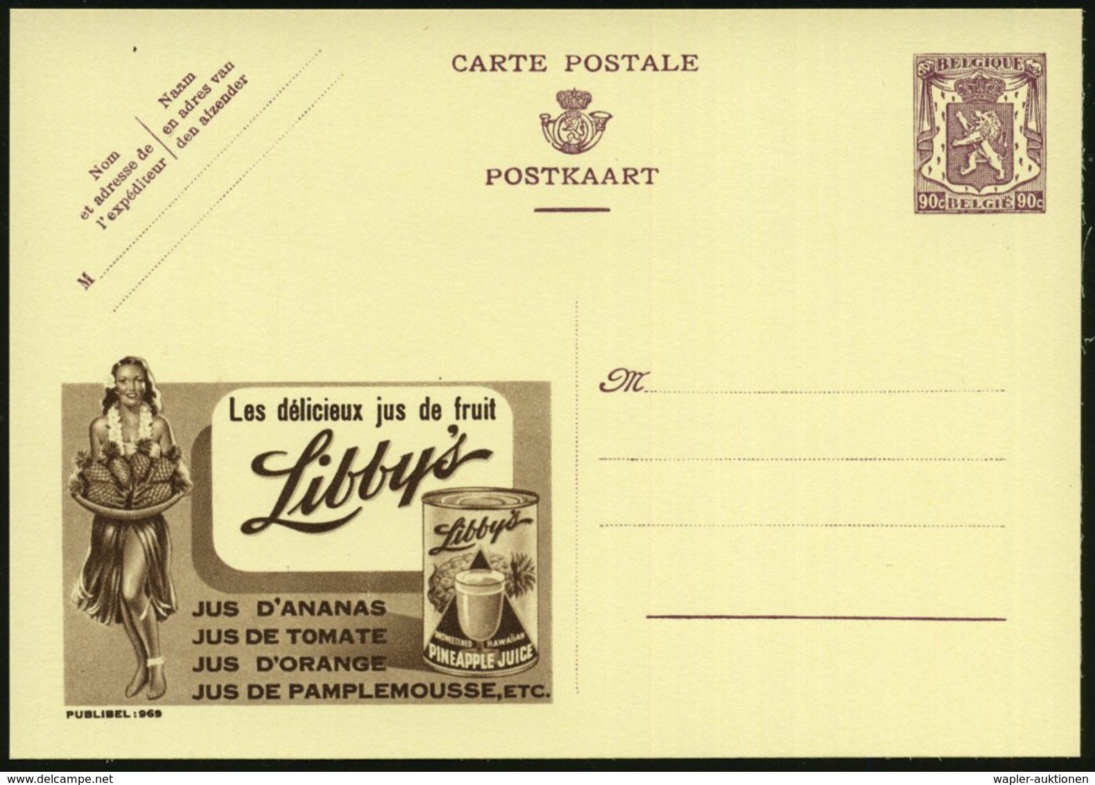 1948 BELGIEN, 90 C. Publibel-Ganzsache: Libbys.. (Frau Mit Ananas, Dose Ananassaft) Französ. Text, Ungebr. (Mi.P 248 I / - Other & Unclassified