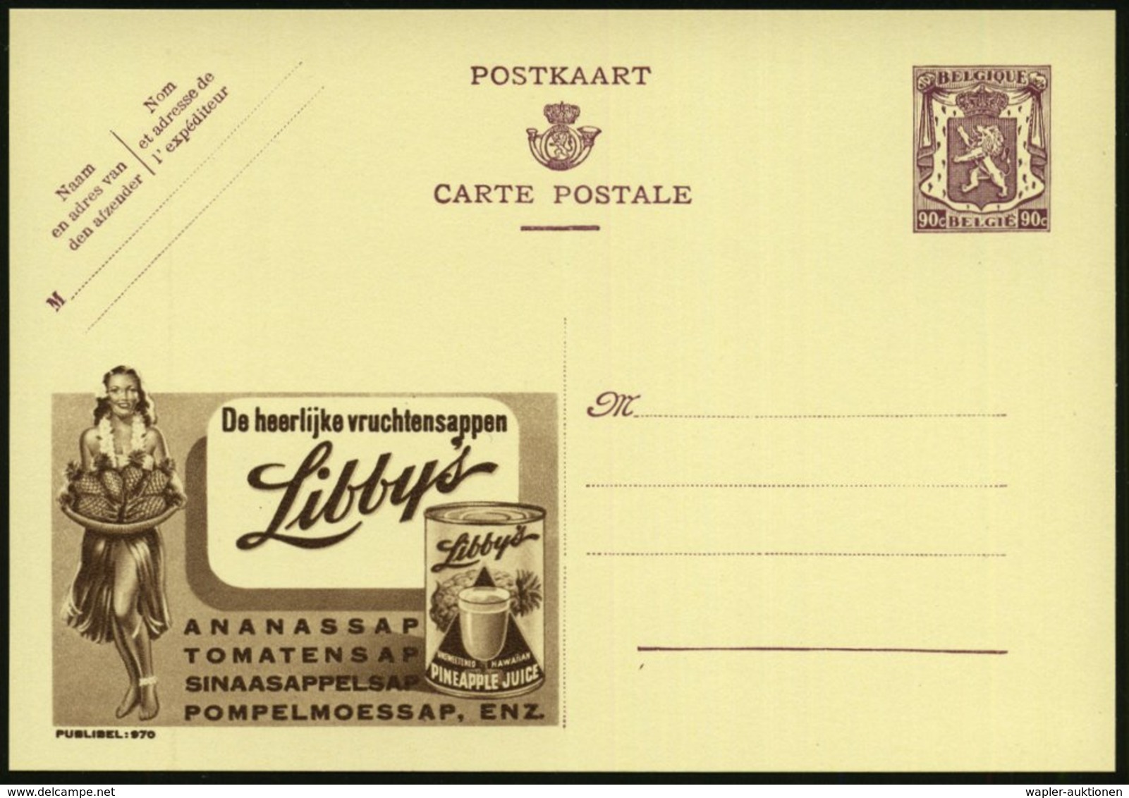 1948 BELGIEN, 90 C. Publibel-Ganzsache: Libbys.. (Frau Mit Ananas, Dose Ananassaft) Flämischer Text, Ungebr. (Mi.P 248 I - Other & Unclassified