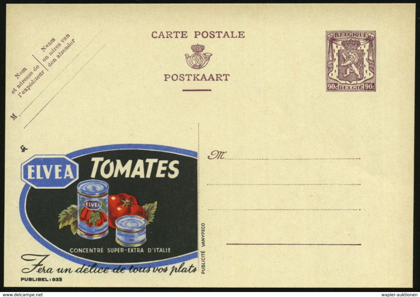 1948 BELGIEN, 90 C. Publibel-Ganzsache: ELVEA TOMATES.. (Tomaten, Dosen Tormatenmark) Französ. Text, Ungebr. (Mi.P 248 I - Other & Unclassified
