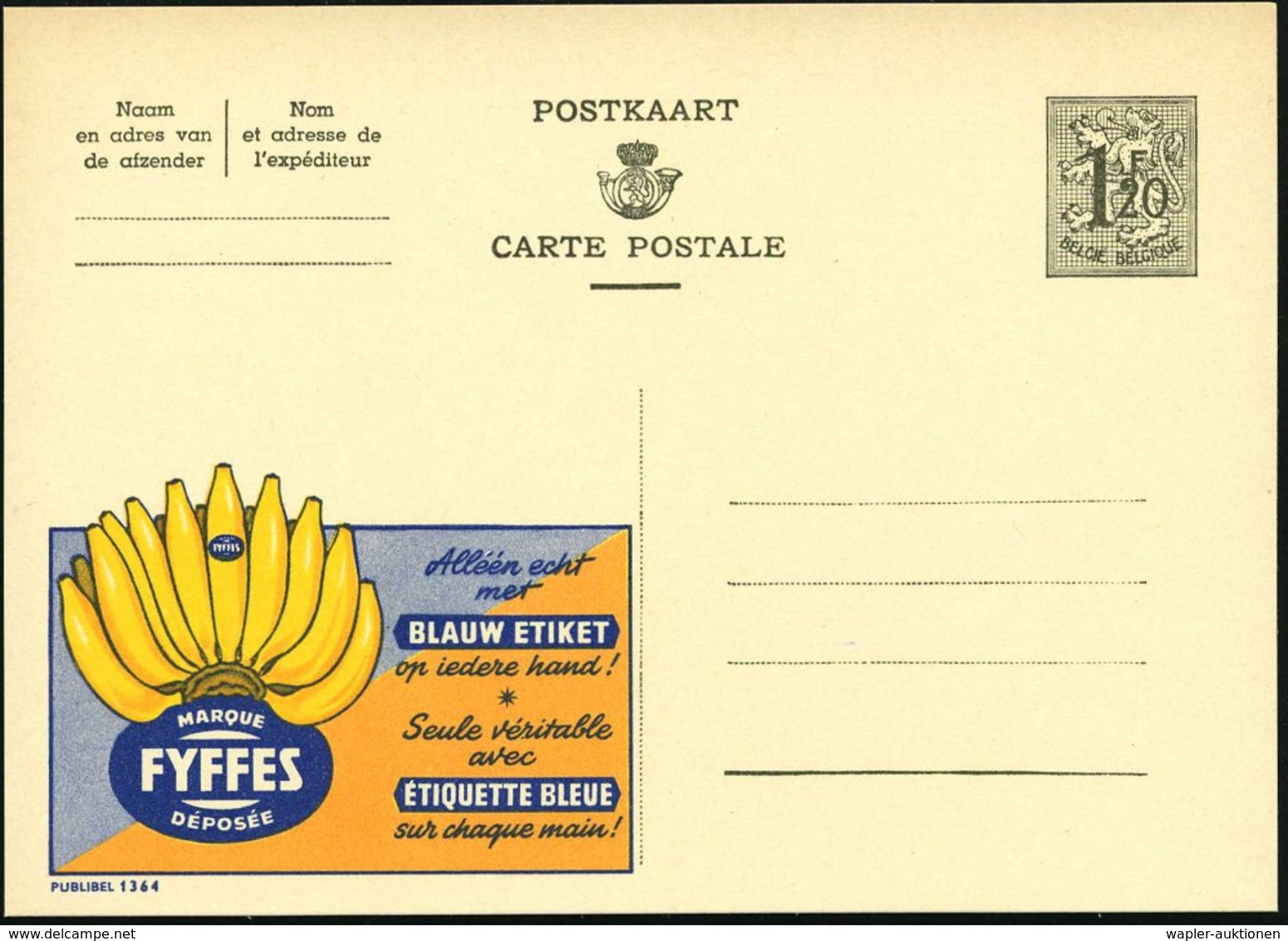 1954 BELGIEN, 1,20 F. Publibel-Ganzsache: MARQUE FYFFES DEPOSEE.. (Bananen) Ungebr. (Mi.P 289 II / 1364) - Agrarprodukte - Other & Unclassified