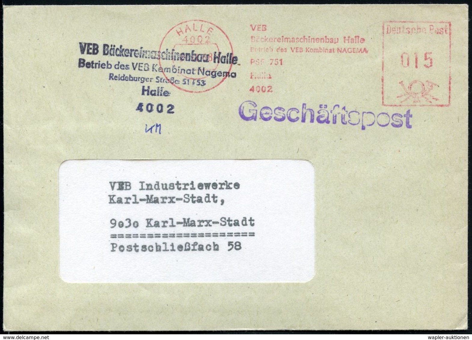 1988 (28.11.) 4002 HALLE, Absender-Freistempel: VEB Bäckereimaschinenbau Halle.. + Absenderstempel, Firmenbrief - Nahrun - Other & Unclassified