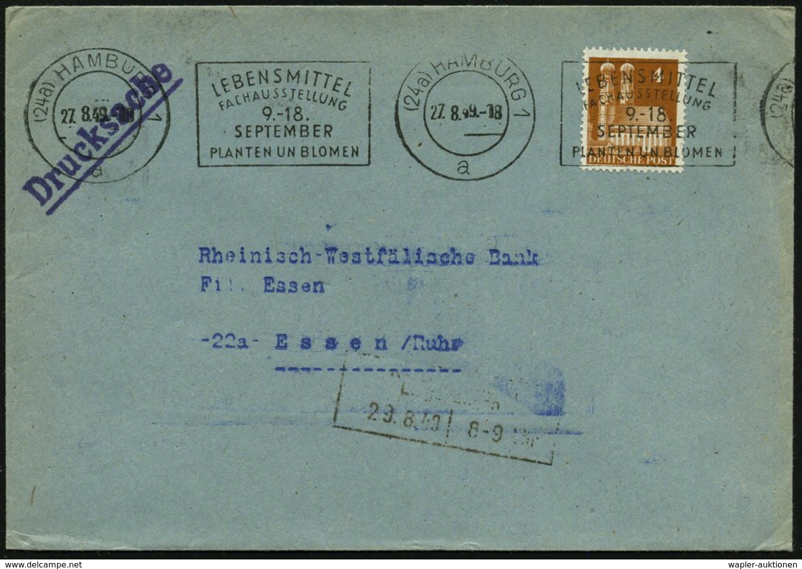 1949 (27.8.) (24 A( HAMBURG 1, Band-Maschinen-Werbestempel: LEBENSMITTEL FACHAUSSTELLUNG.. PLANTEN UN BLOMEN, Bedarfsbri - Other & Unclassified