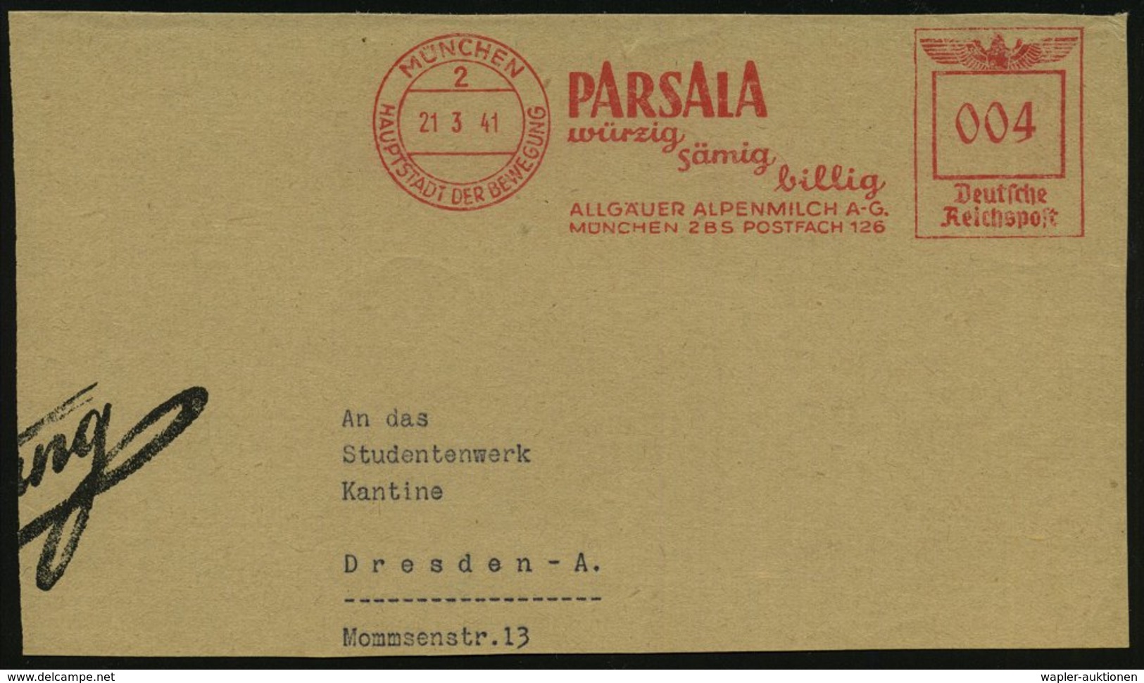 1941 (21.3.) MÜNCHEN 2, Absender-Freistempel: PARSALA.. ALLGÄUER ALPENMILCH AG., Teil-Vorderseite - Nahrungsmittel / Foo - Other & Unclassified