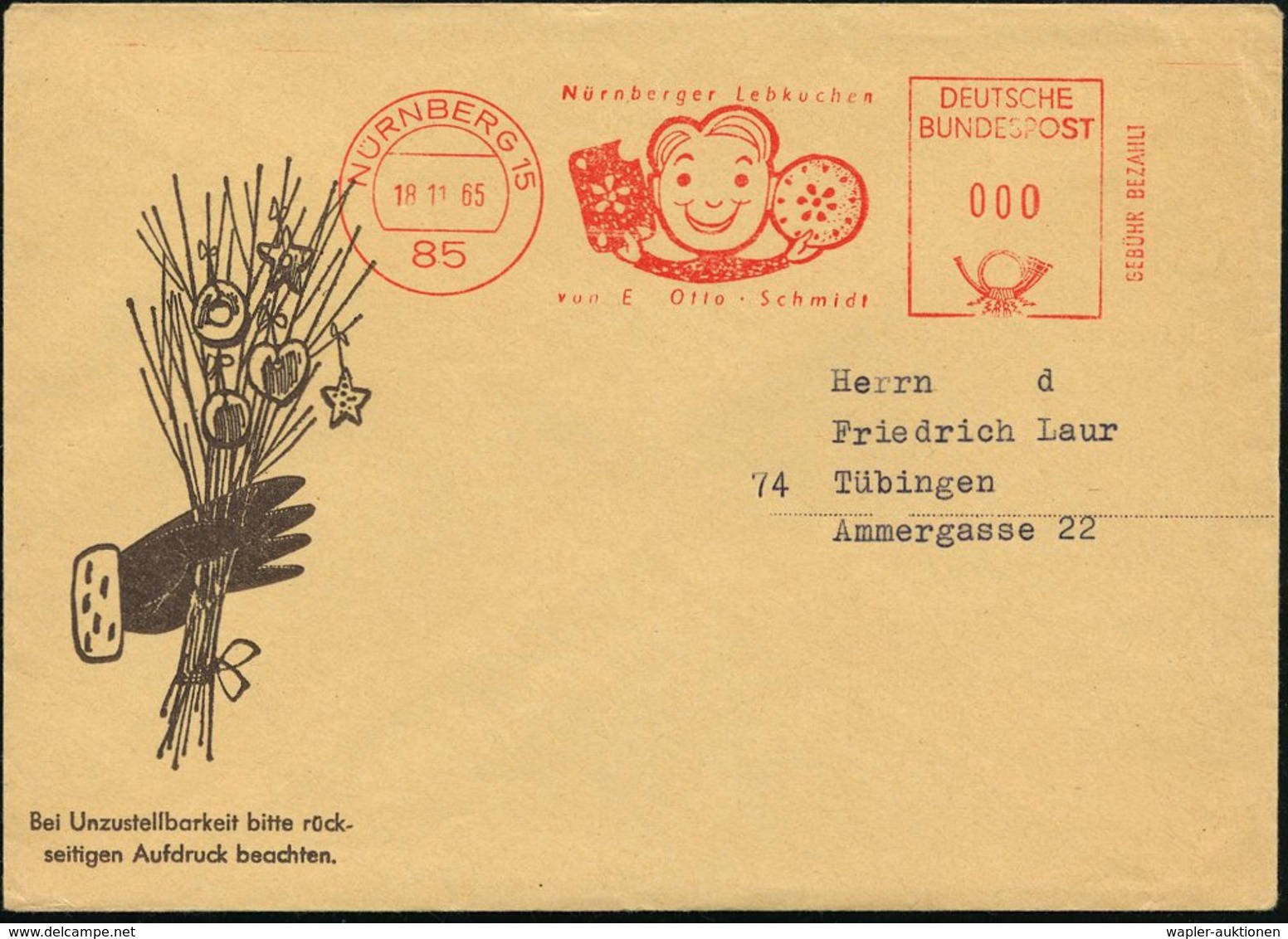 1965 (18.11.) 85 NÜRNBERG 15, Absender-Freistempel: Nürnberger Lebkuchen.. Otto Schmidt (bvorschriftsmäßig In 000 GEBÜHR - Other & Unclassified