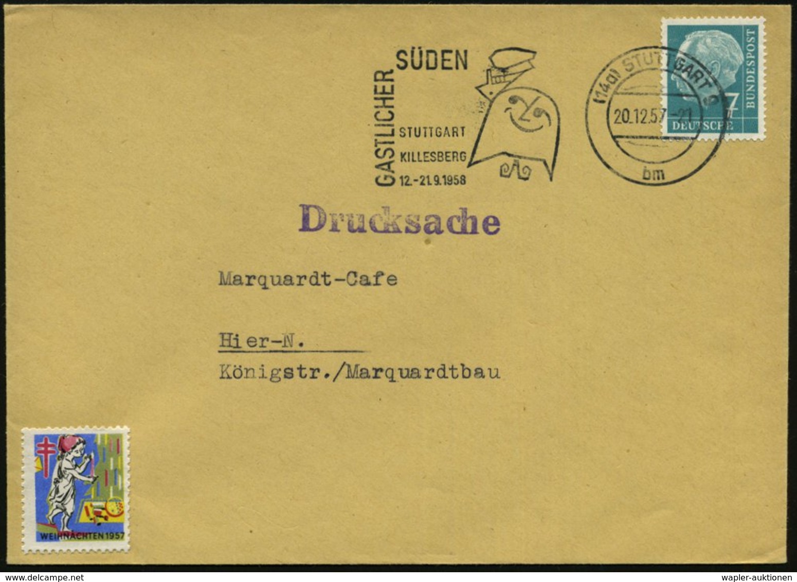 1957 (20.12.) (14 A) STUTTGART 9, Maschinen-Werbestempel: GASTLICHER SÜDEN (Comic-Figur Koch = Gastronomie-Ausstellung)  - Other & Unclassified