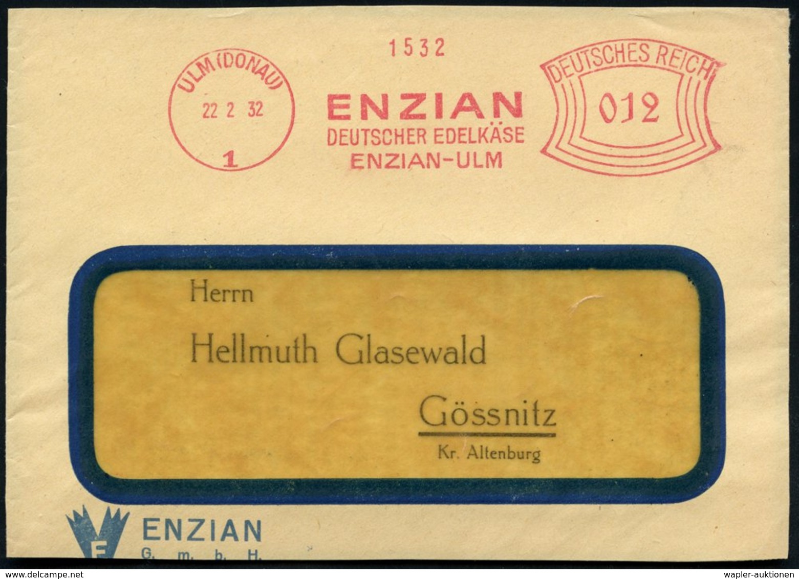 1932 (22.2.) ULM (DONAU) 1, Absender-Freistempel: ENZIAN, DEUTSCHER EDELKÄSE, Teil-Vorderseite - Nahrungsmittel / Food / - Other & Unclassified