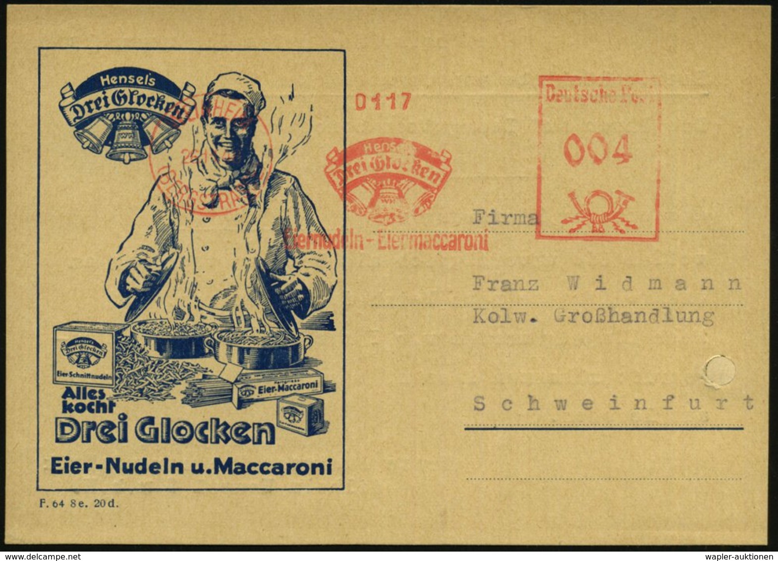 1948 (26.11.) WERTHEIM (BERGSTRASSE), Absender-Freistempel: Drei Glocken Eiernudeln - Eiermaccaroni Auf Passender Reklam - Other & Unclassified