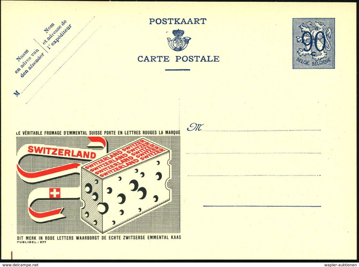 1951 BELGIEN, 90 C. Publibel-Ganzsache: FROMMAGE D'EMMENTHAL.. SWITZERLAND.. (Emmenthaler Käse) Ungebr. (Mi.P 273 II / 9 - Sonstige & Ohne Zuordnung