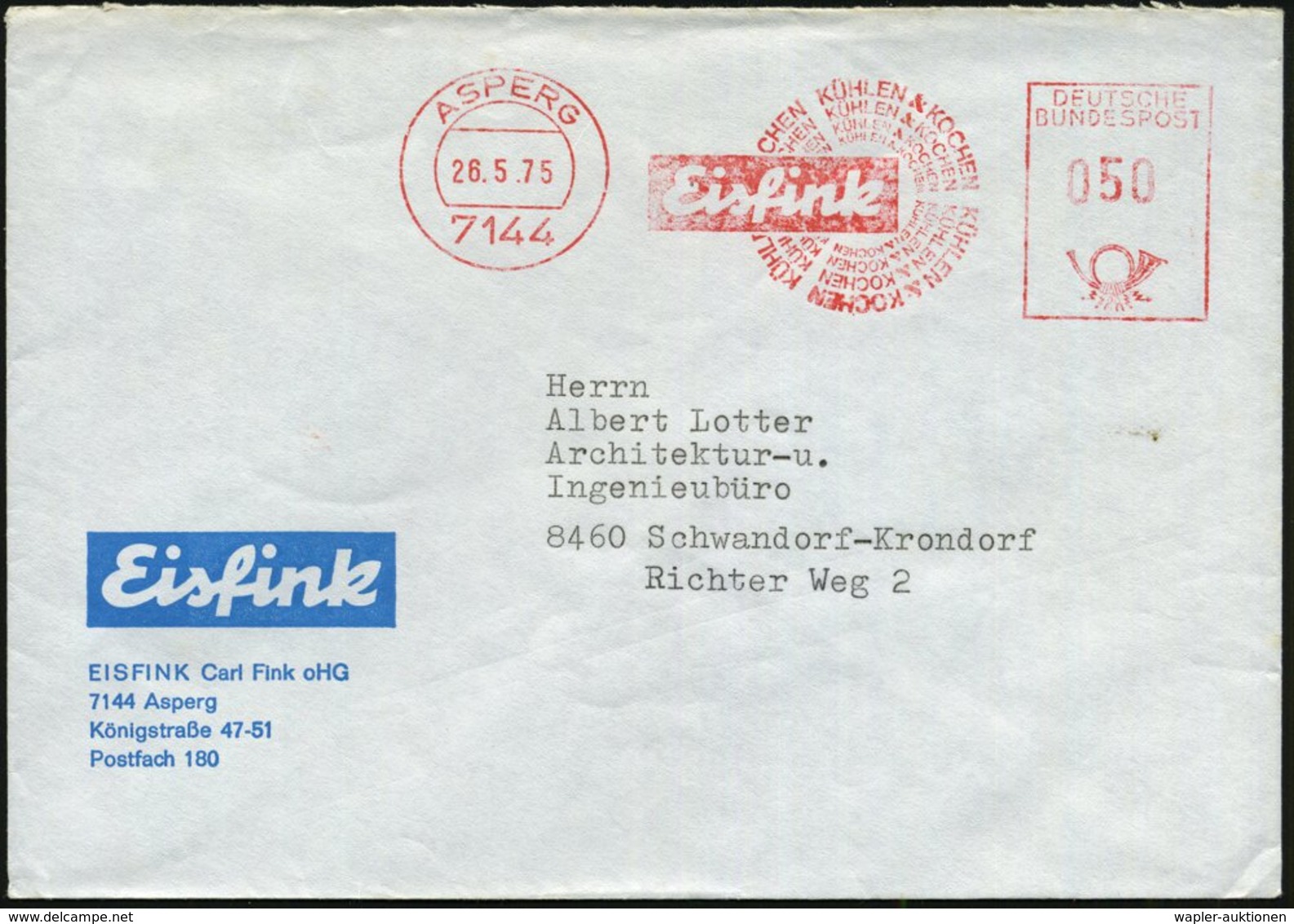 1975 (26.5.) 7144 ASPERG, Absender-Freistempel: Eisfink KÜHLEN & KOCHEN.. , Firmenbrief - Nahrungsmittel / Food / Substa - Sonstige & Ohne Zuordnung