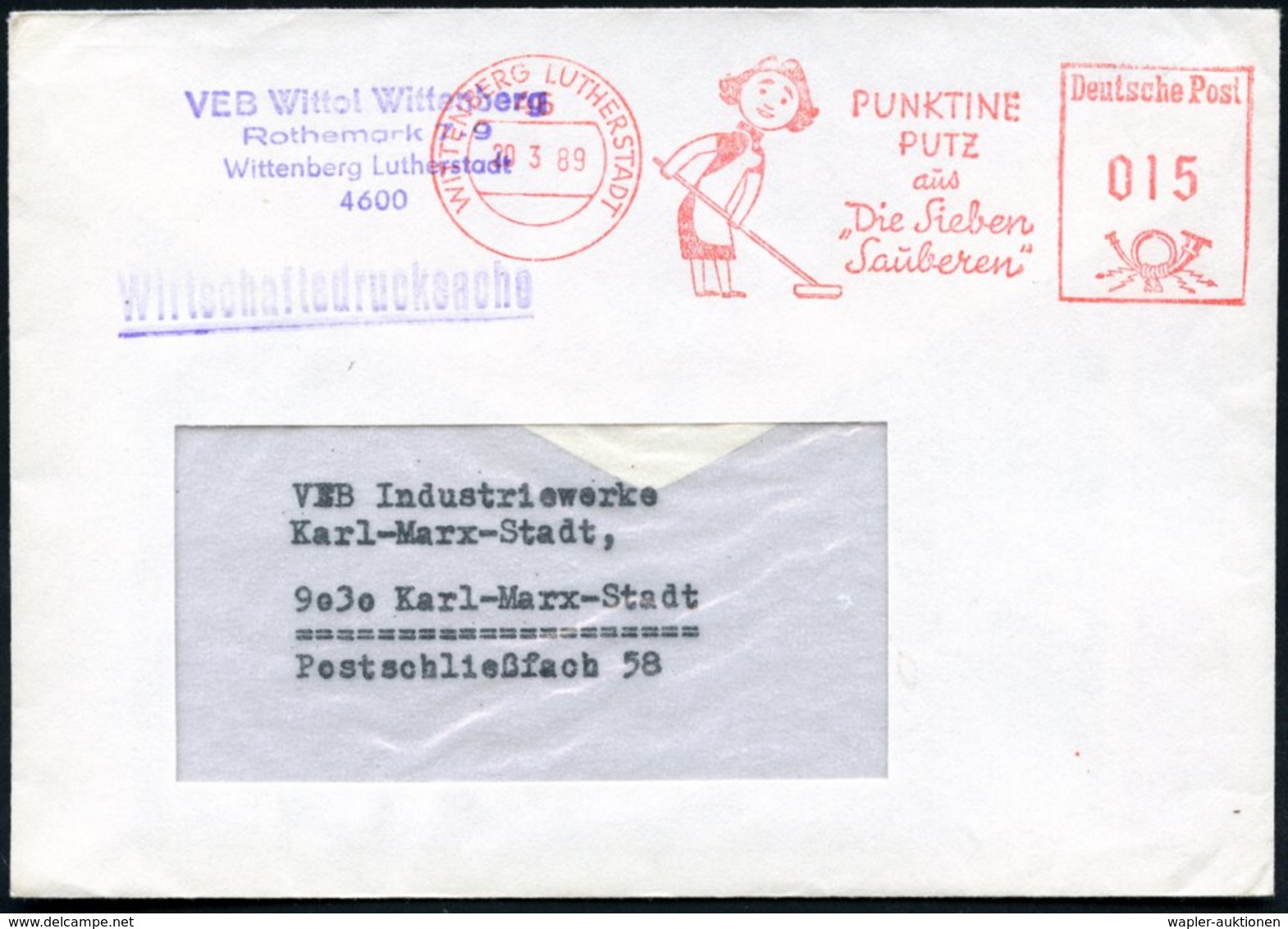 1989 (März) 46 WITTENBERG LUTHERSTADT, Absender-Freistempel: PUNKTINE PUTZ Aus "Die Sieben Sauberen" (Comic-Figur-Hausfr - Sonstige & Ohne Zuordnung