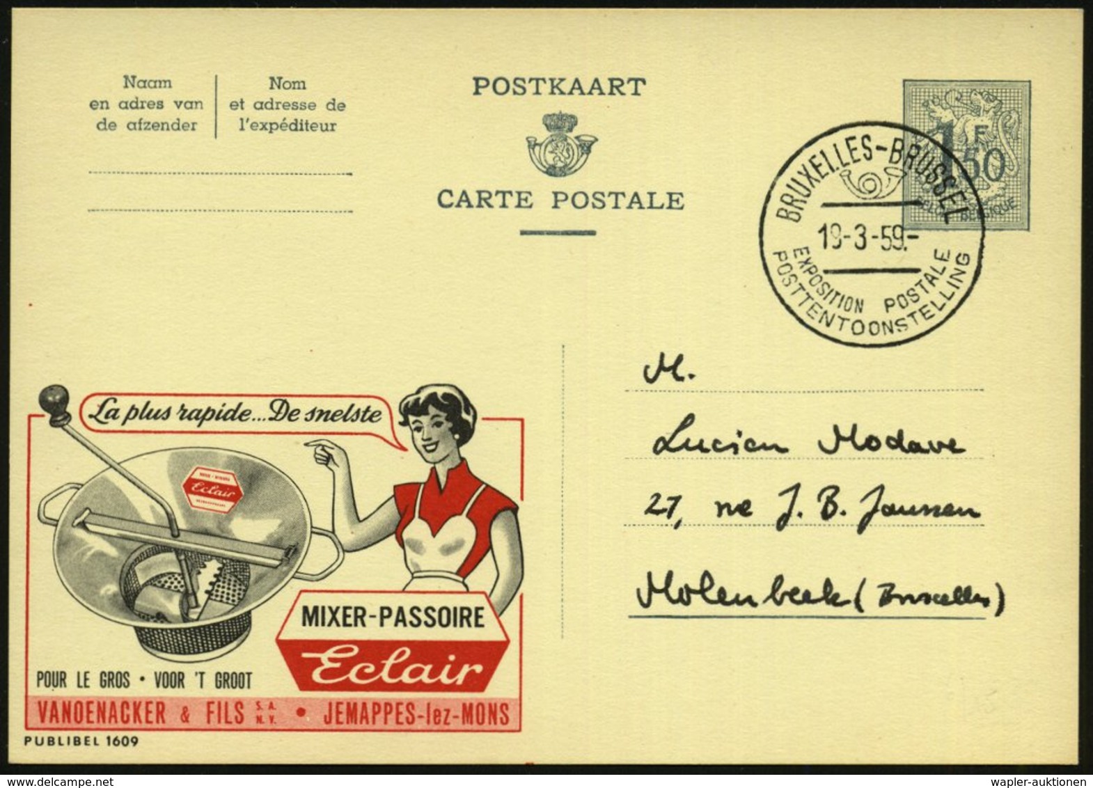 1959 BELGIEN, 1,50 F. Publibel-Ganzsache: MIXER-PASSOIRE Eclair.. (Hausfrau Mit Passierrührgerät) Inl.-Karte (Mi.P 306 I - Other & Unclassified