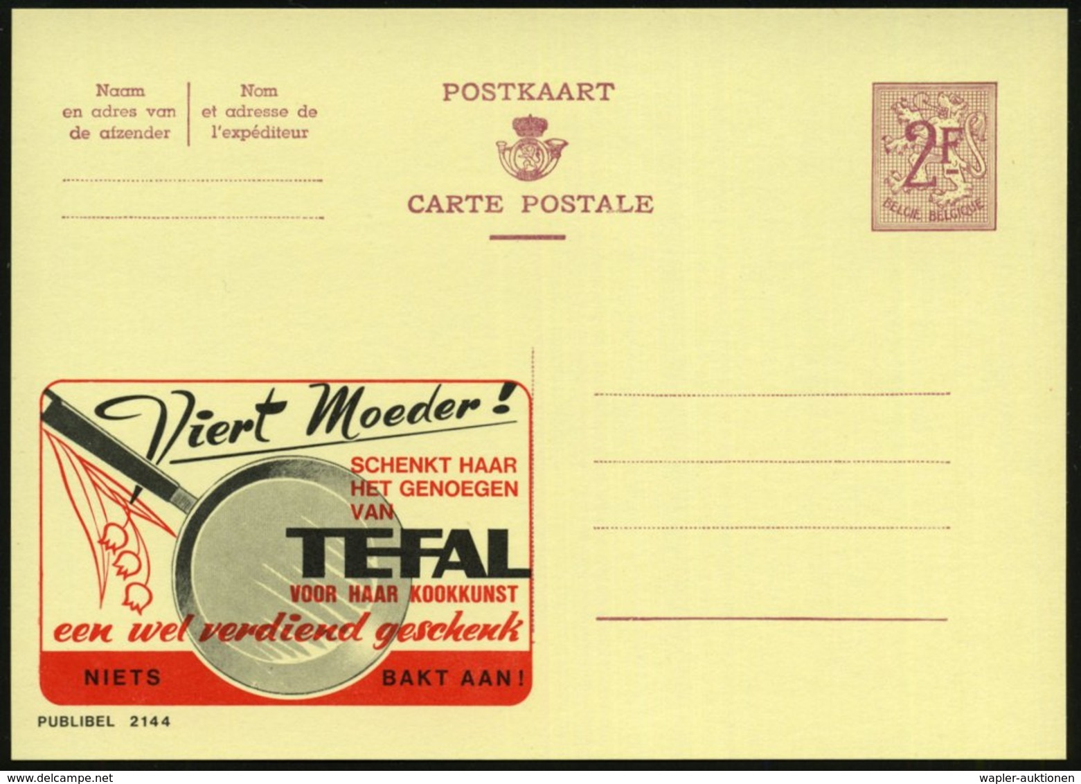 1959 BELGIEN, 2 F. Publibel-Ganzsache: Viert Moeder!.. TEFAL (= Teflonpfanne) Flämischer Text, Ungebr. (Mi.P 319 II / 21 - Other & Unclassified