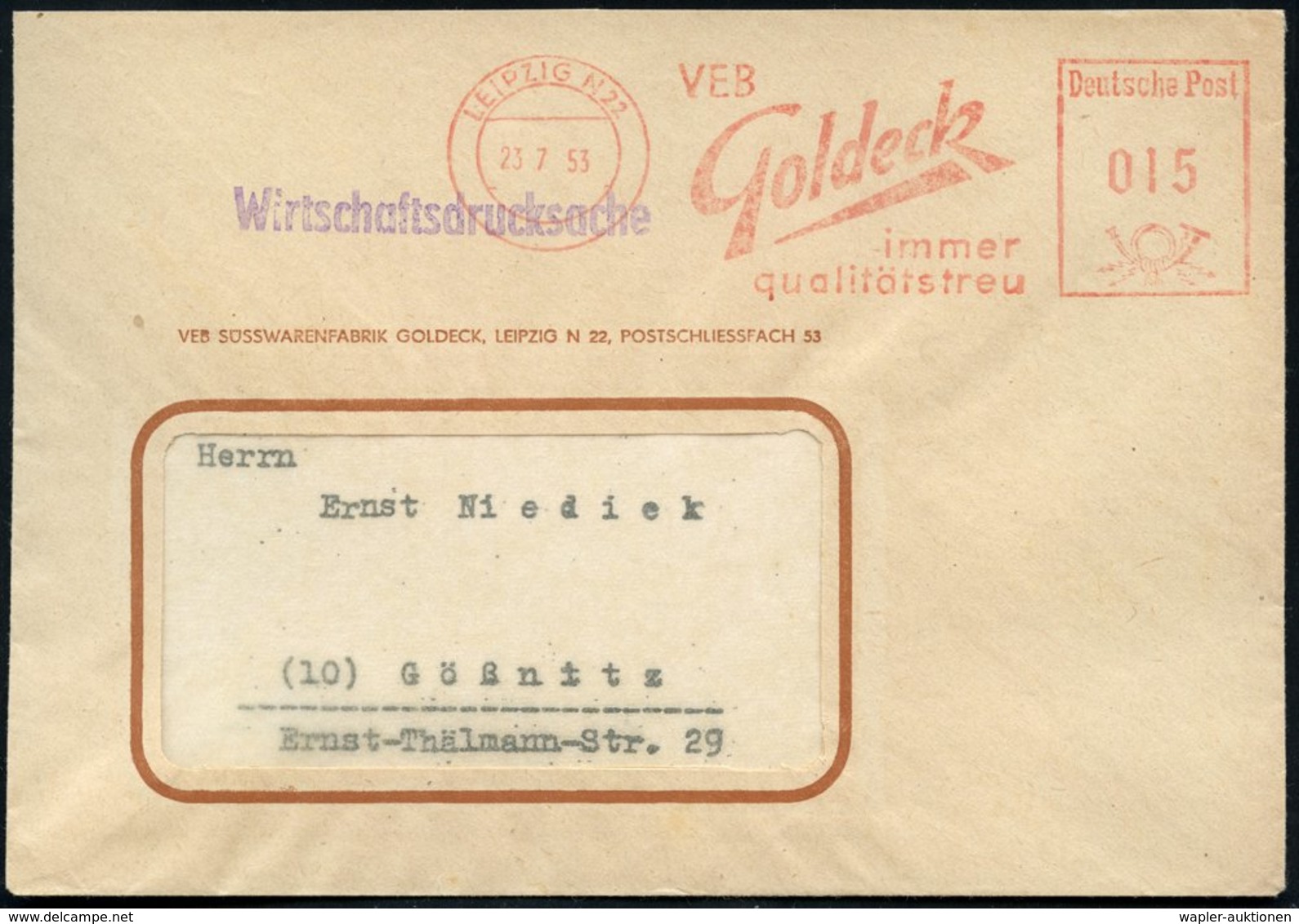 1953 LEIPZIG N 22, Absender-Freistempel: VEB Goldeck.. Auf Firmenbrief: VEB SÜSSWARENFABRIK GOLDECK, Rs.  Abs.-Vordruck  - Sonstige & Ohne Zuordnung