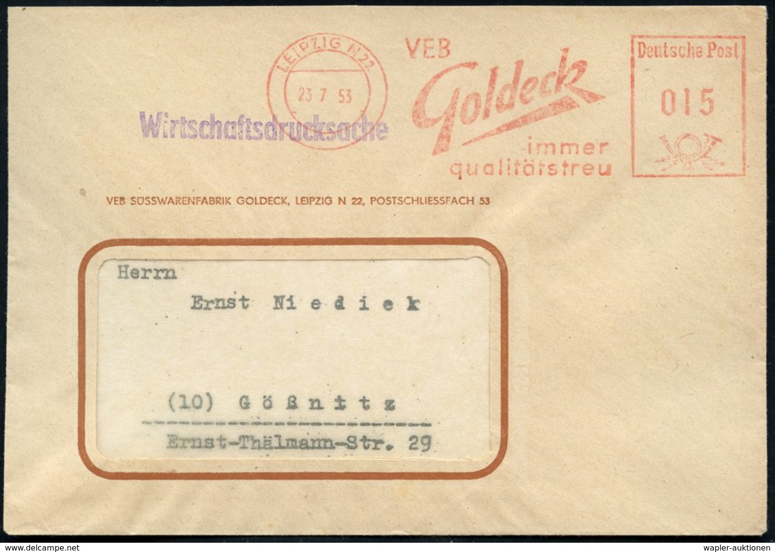 1953 LEIPZIG N 22, Absender-Freistempel: VEB Goldeck.. Auf Firmenbrief: VEB SÜSSWARENFABRIK GOLDECK, Rs.  Abs.-Vordruck  - Other & Unclassified