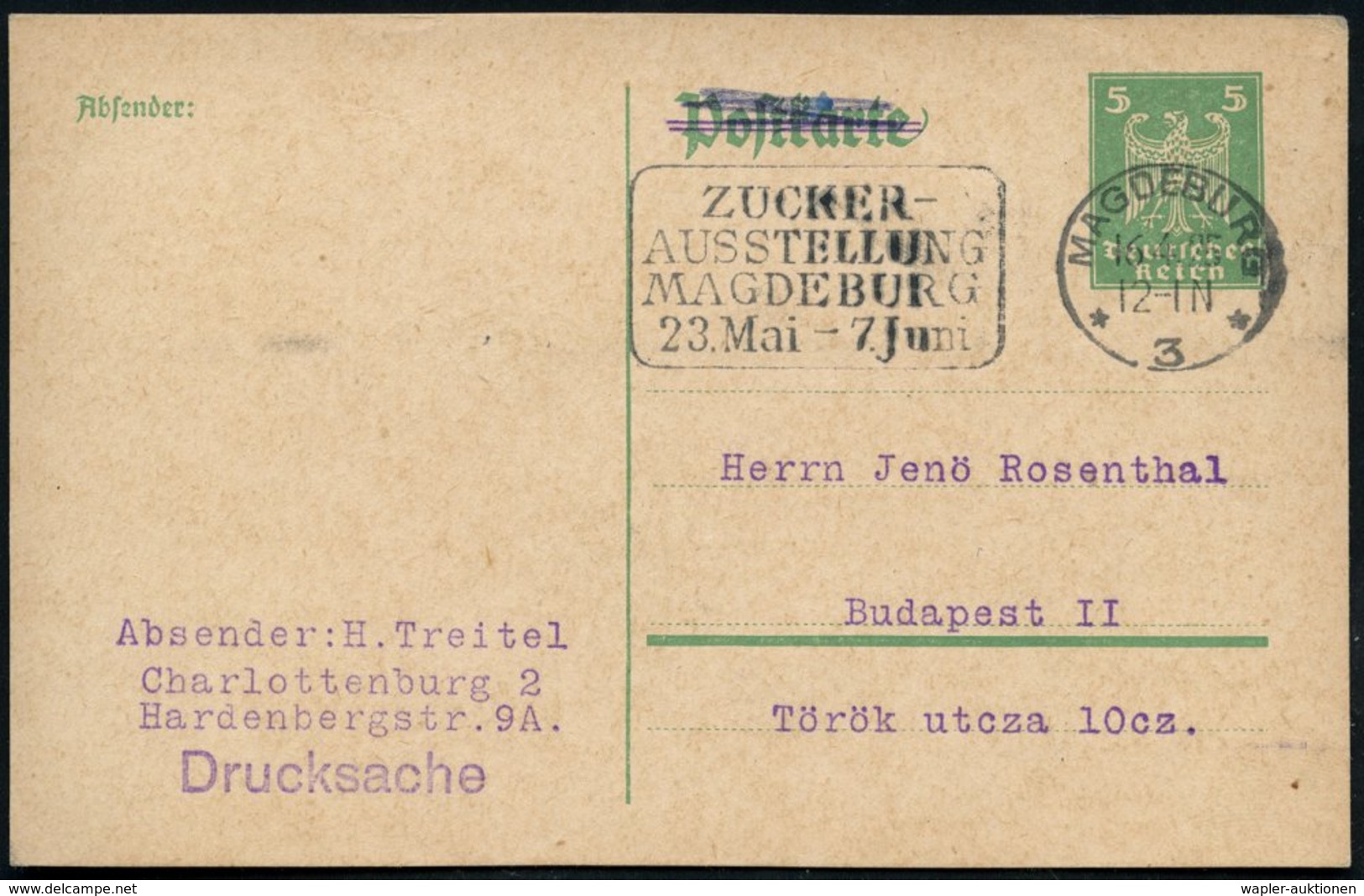 1925 (16.4.) MAGDEBURG 3, Maschinen-Wernestempel: ZUCKER-AUSSTELLUNG.. , Ausl.-Karte (Bo.8 A) - Zucker & Schokolade / Su - Autres & Non Classés