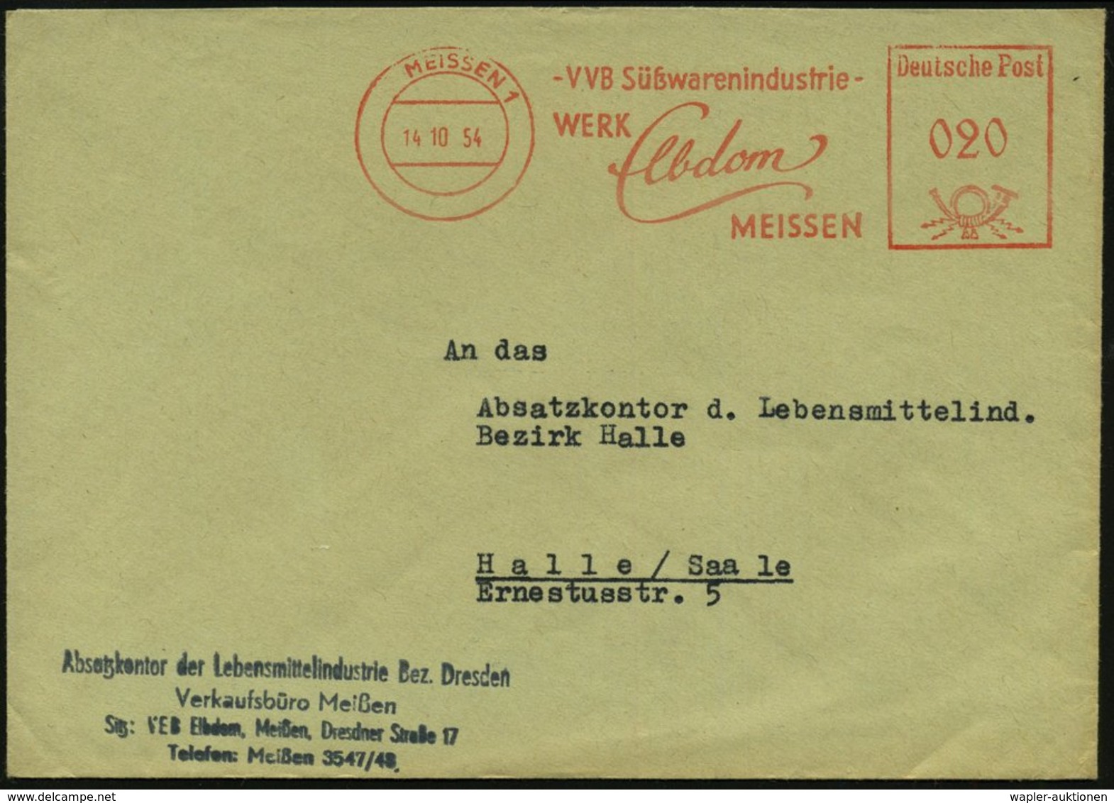 1954 (14.10.) MEISSEN 1, Aptierter Absender-Freistempel (= Alte Postleitzahl Entfernt): VVB Süßwarenindustrie WERK Elddo - Other & Unclassified