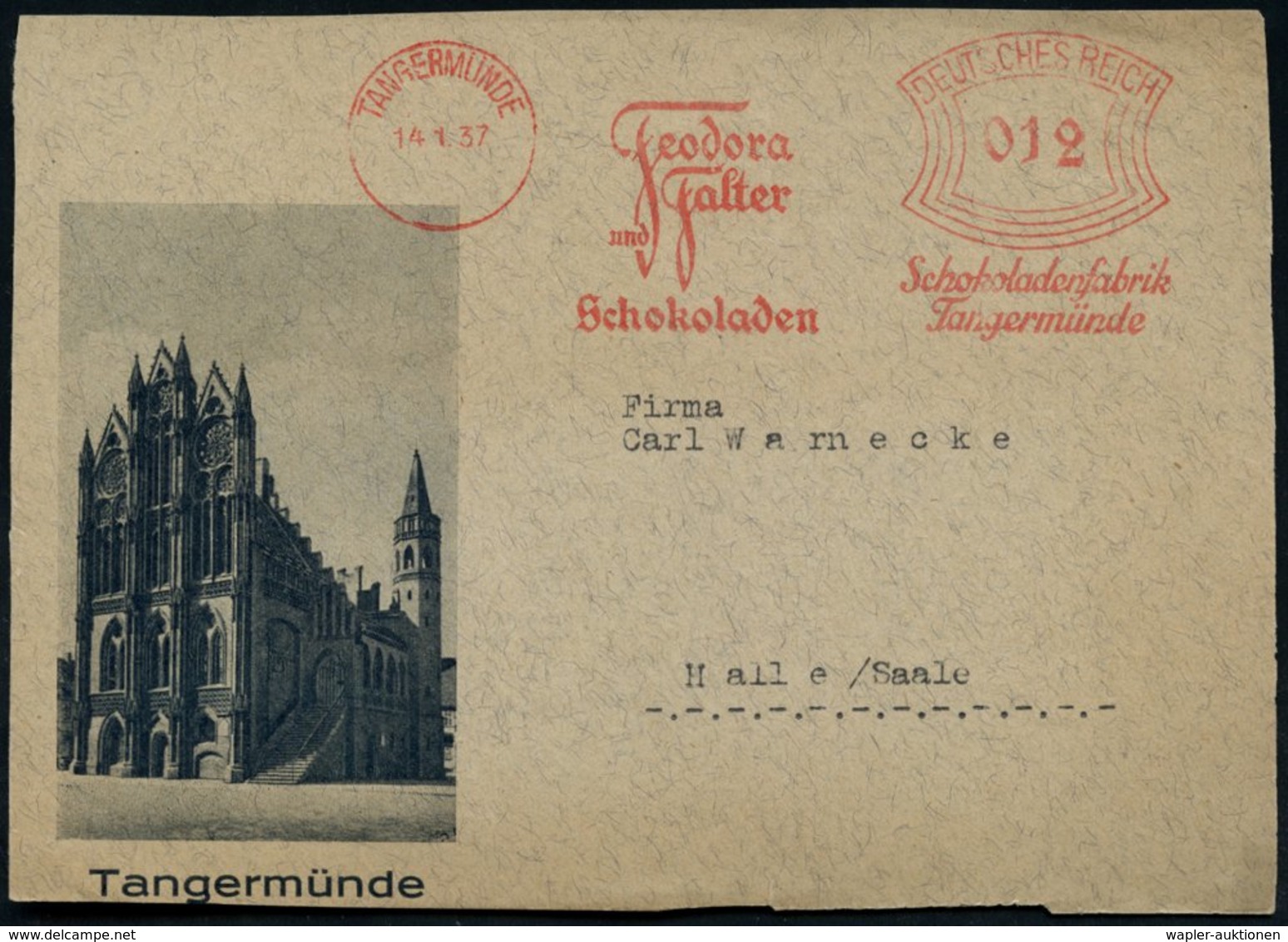 1937 TANGERMÜNDE, Absender-Freistempel: Feodora Und Falter Schokoladen.. Auf Reklame-Vorderseite: Tangermünde (Kirche) - - Otros & Sin Clasificación