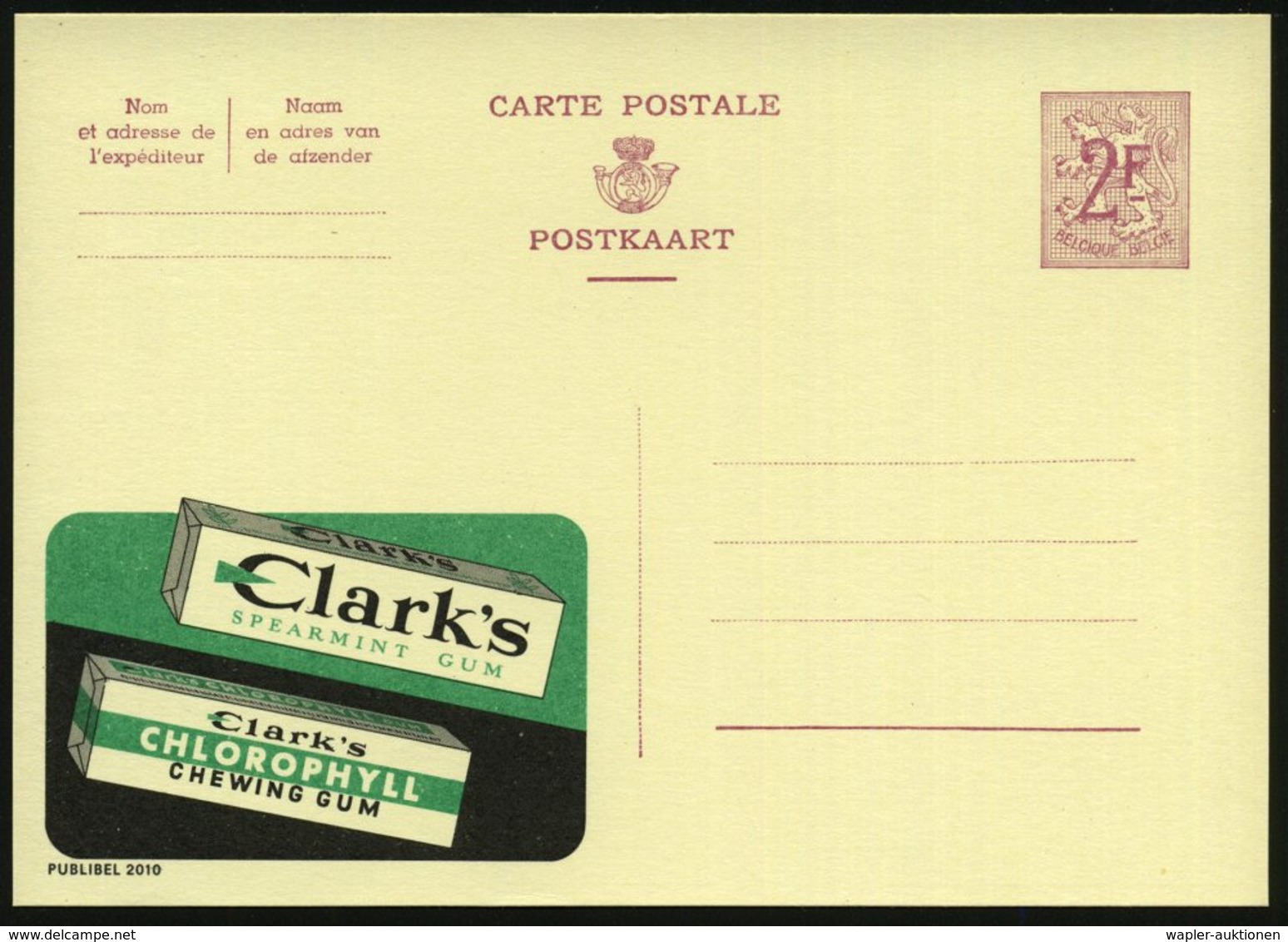 1959 BELGIEN, 2 F. Publibel-Ganzsache: Clark's SPEARMINT GUM.. (2 Kaugummi-Packungen) Französ. Titel Oben, Ungebr. (Mi.P - Sonstige & Ohne Zuordnung