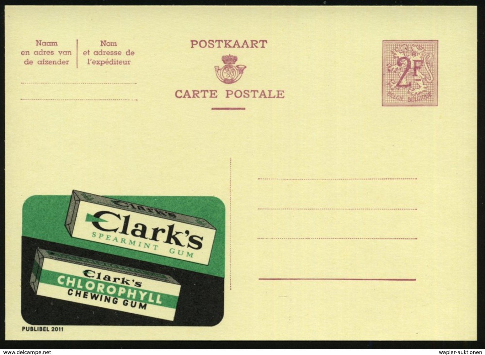 1959 BELGIEN, 2 F. Publibel-Ganzsache: Clark's SPEARMINT GUM.. (2 Kaugummi-Packungen) Flämischer Titel Oben, Ungebr. (Mi - Other & Unclassified