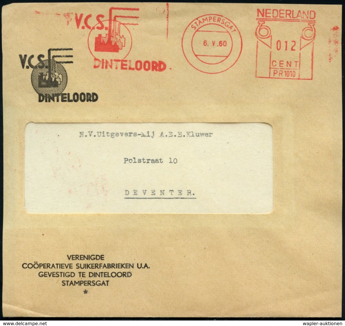 1960 (6.5.) NIEDERLANDE, Absender-Freistempel: STAMPERSGAT V.C.S. DINTELOORD = Zucker-Raffinerie, Motivgleicher Auf Firm - Other & Unclassified