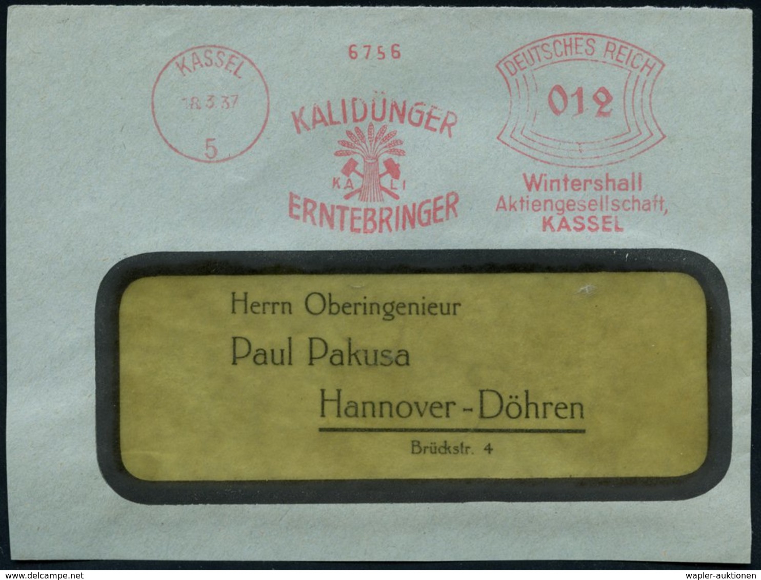 1937 KASSEL 5, Absender-Freistempel: KALIDÜNGER ENTEBRINGER, Wintershall AG (Korngarbe, 2 Bergbauhämmer) Bedarfs-Vorders - Other & Unclassified