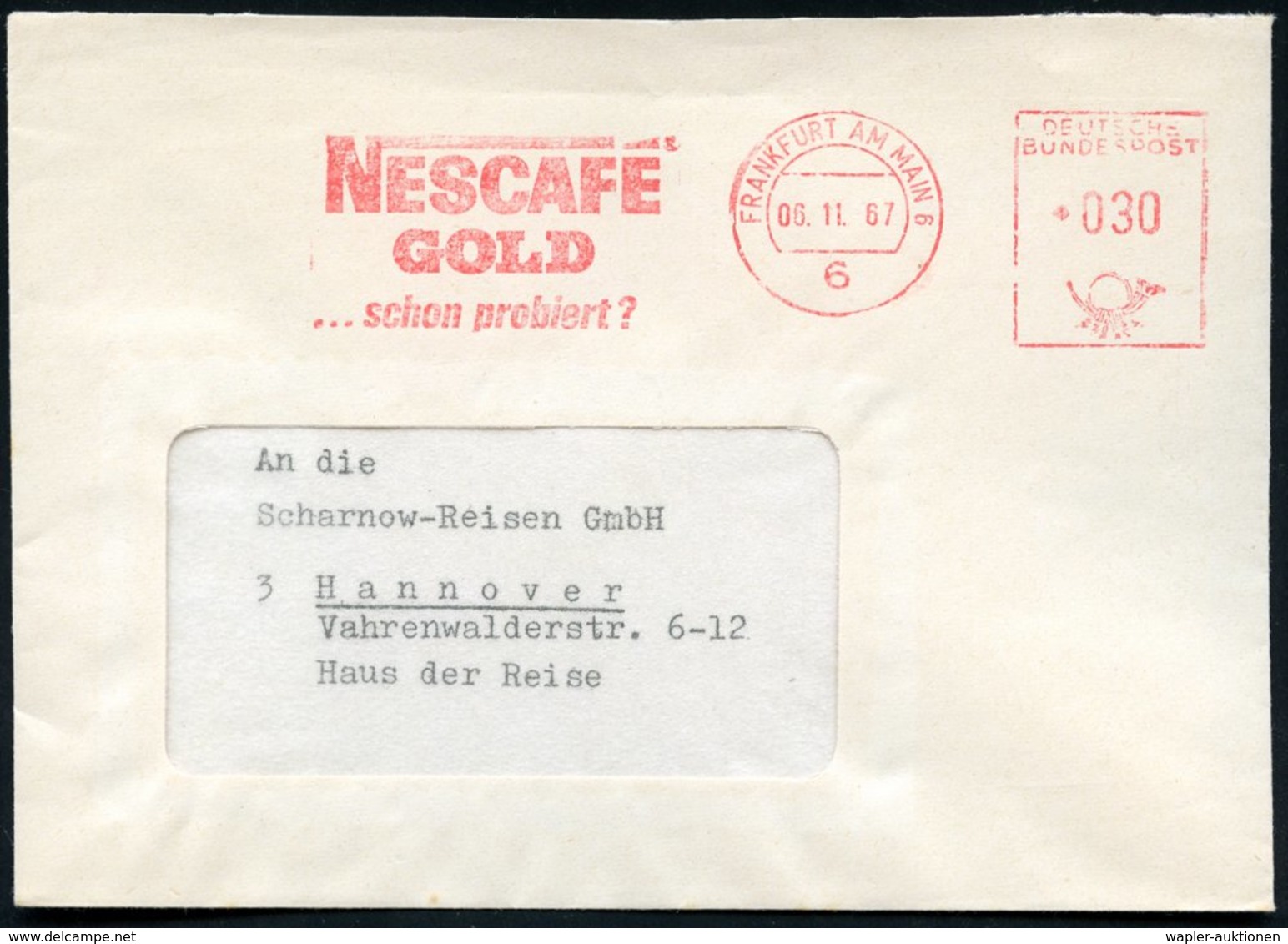 1967 (6.11.) 6 FRANKFURT AM MAIN 6, Absender-Freistempel: NESCAFÉ GOLD.., Firmenbrief - Kaffee & Café / Koffie / Café /  - Other & Unclassified