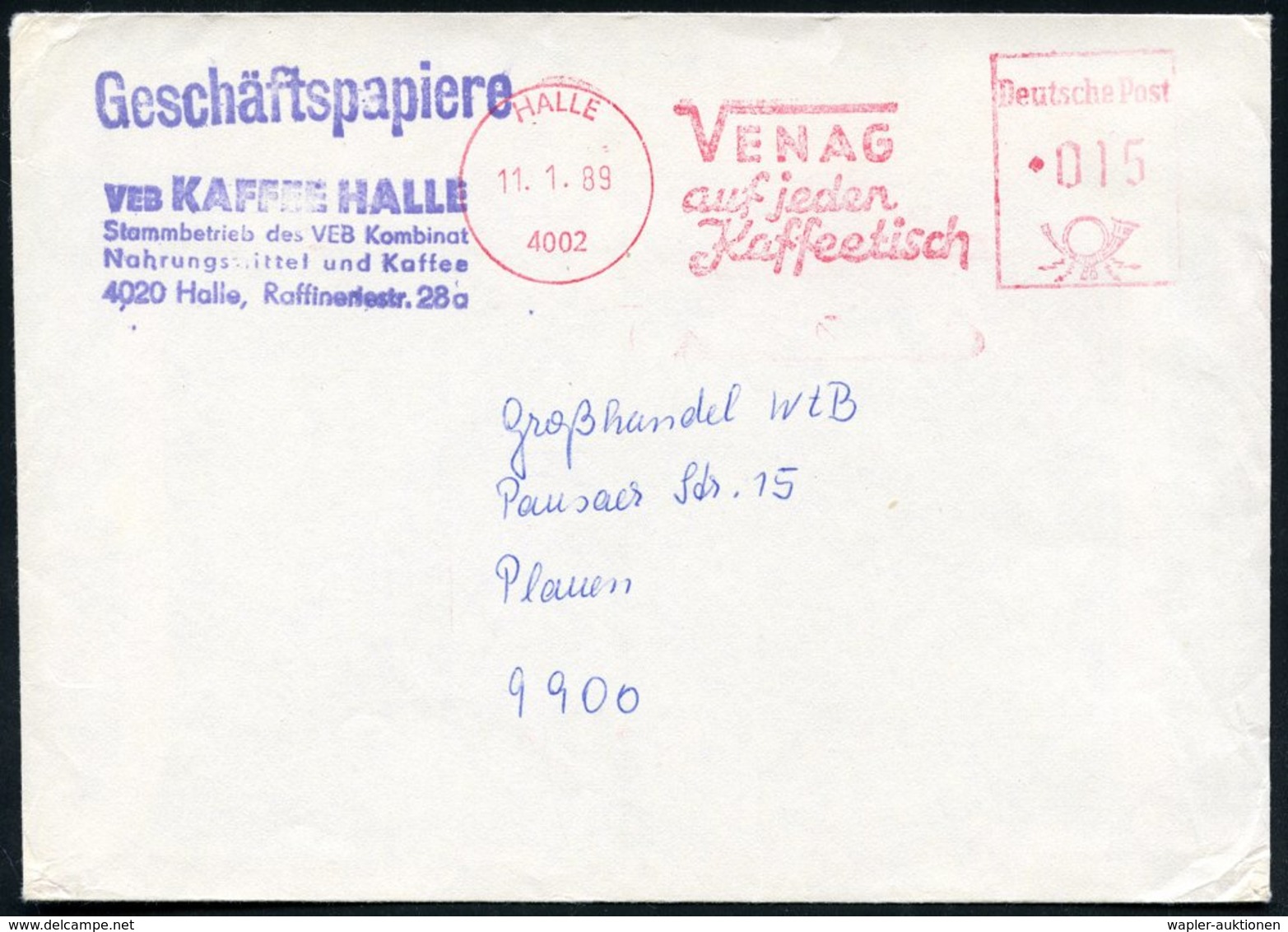 1989 4002 HALLE, Absender-Freistempel: VENAG Auf Jeden Kaffeetisch + Abs.-Stempel: VEB KAFFEE HALLE,,, Inl.-Brief - Kaff - Other & Unclassified