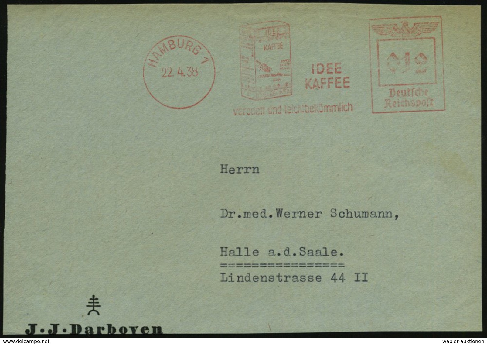 1938 HAMBURG 1, Absender-Freistempel: IDEE KAFFEE.. (Kaffee-Packung) Firmen-Vorderseite: J. J. Darboven - Kaffee & Café  - Other & Unclassified