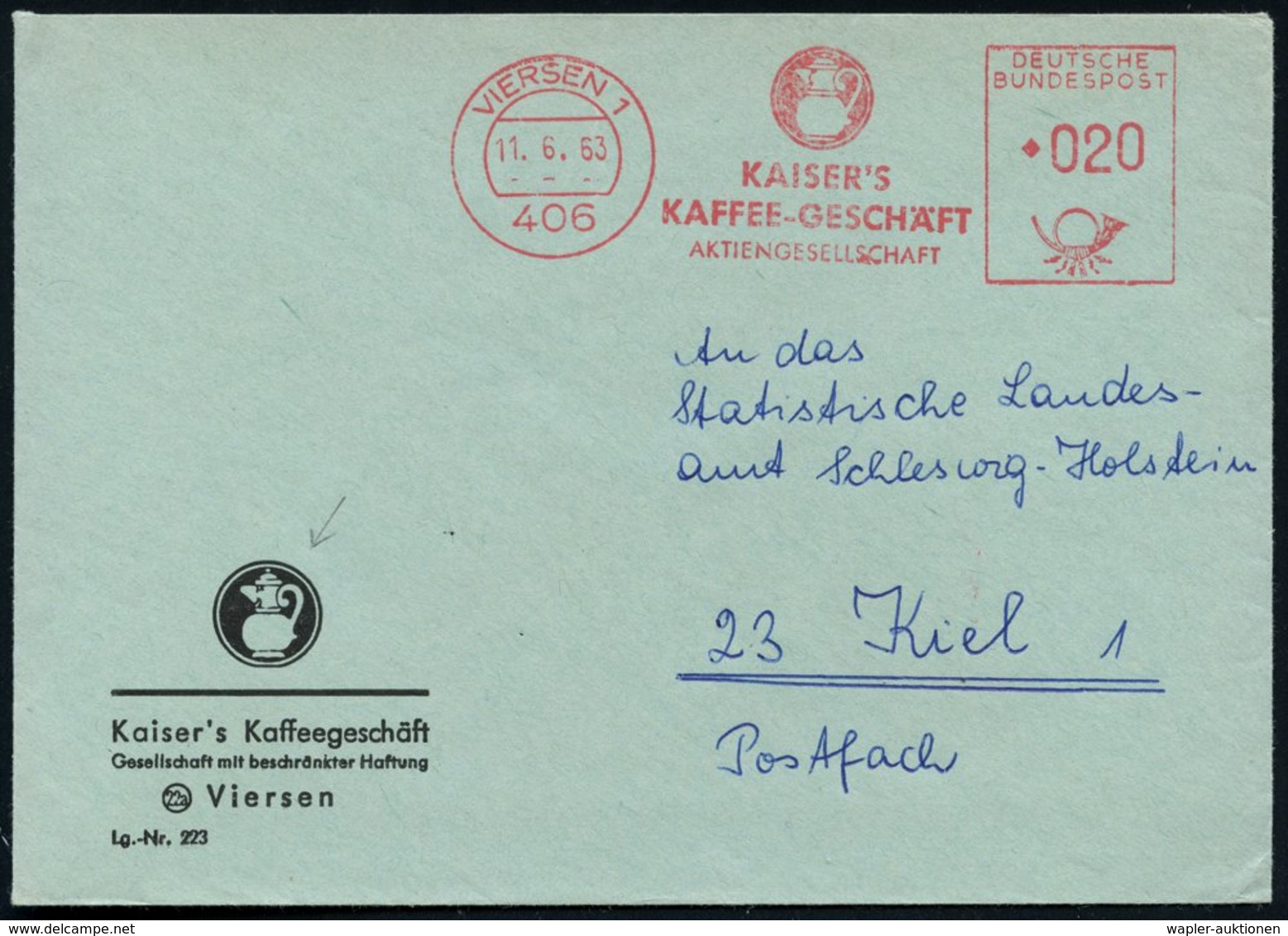 1963 (11.6.) 406 VIERSEN 1, Absender-Freistempel: KAISER'S KAFFEEGESCHÄFT AG (Firmenlogo: Kaffekanne Mit Gesicht) Motivg - Other & Unclassified
