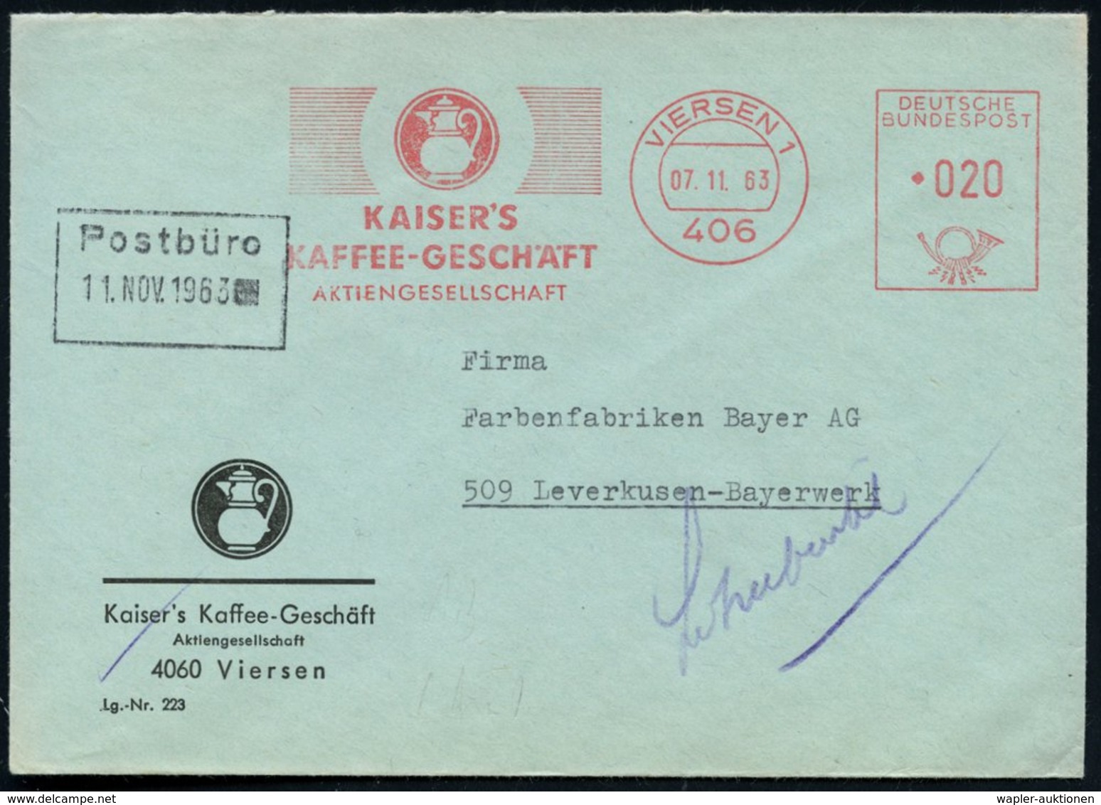 1963 (7.11.) 406 VIERSEN 1, Absender-Freistempel: KAISER'S KAFFEEGESCHÄFT AG (Firmenlogo: Kaffekanne Mit Gesicht) Motivg - Other & Unclassified