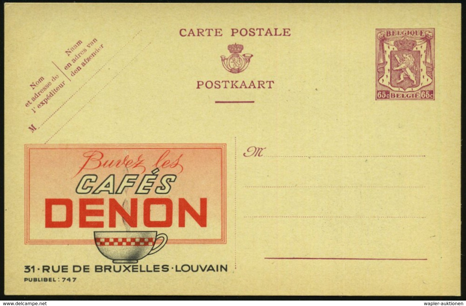 1946 BELGIEN, 65 C. Publibel-Ganzsache: CAFES DENEN.. (Kaffee-Tasse) Ungebr. (Mi.P 222 A I / 747) - Kaffee & Café / Koff - Other & Unclassified