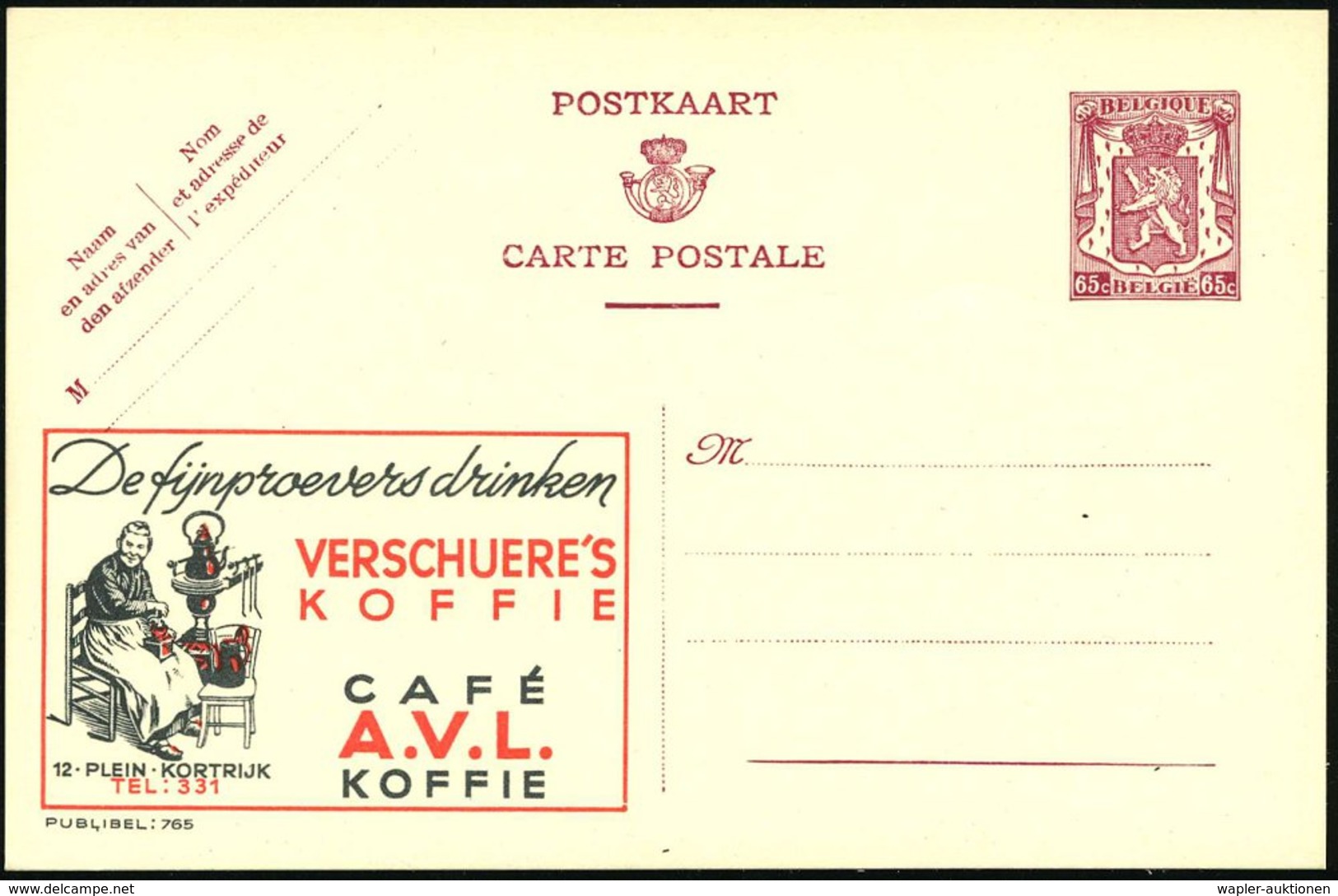 1946 BELGIEN, 65 C. Publibel-Ganzsache: VERSCHUERE'S KOFFIE.. (Großmutter Kaffee Mahlend, Kaffee-Kanne) Ungebr. - Kaffee - Other & Unclassified