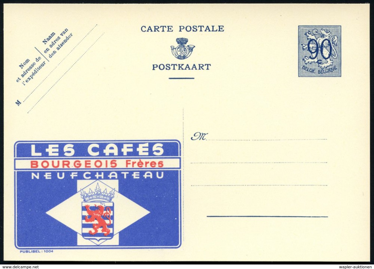 1951 BELGIEN, 90 C. Publibel-Ganzsache: LES CAFES NEUFCHATEAU.. (Wappen) Ungebr. (Mi.P 273 I / 1004) - Kaffee & Café / K - Other & Unclassified