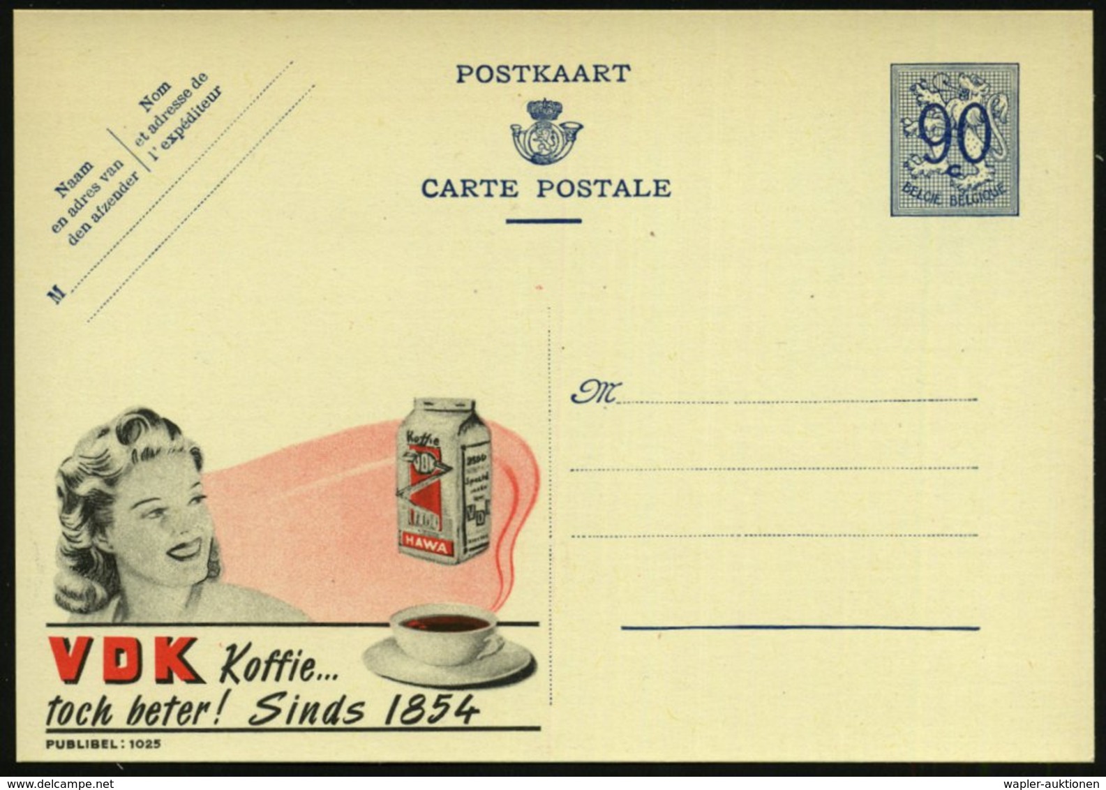 1951 BELGIEN, 90 C. Publibel-Ganzsache: V D K Koffie.. (Kaffee-Tasse U. -Packung, Frauenkof) Ungebr. (Mi.P 273 II / 1025 - Other & Unclassified