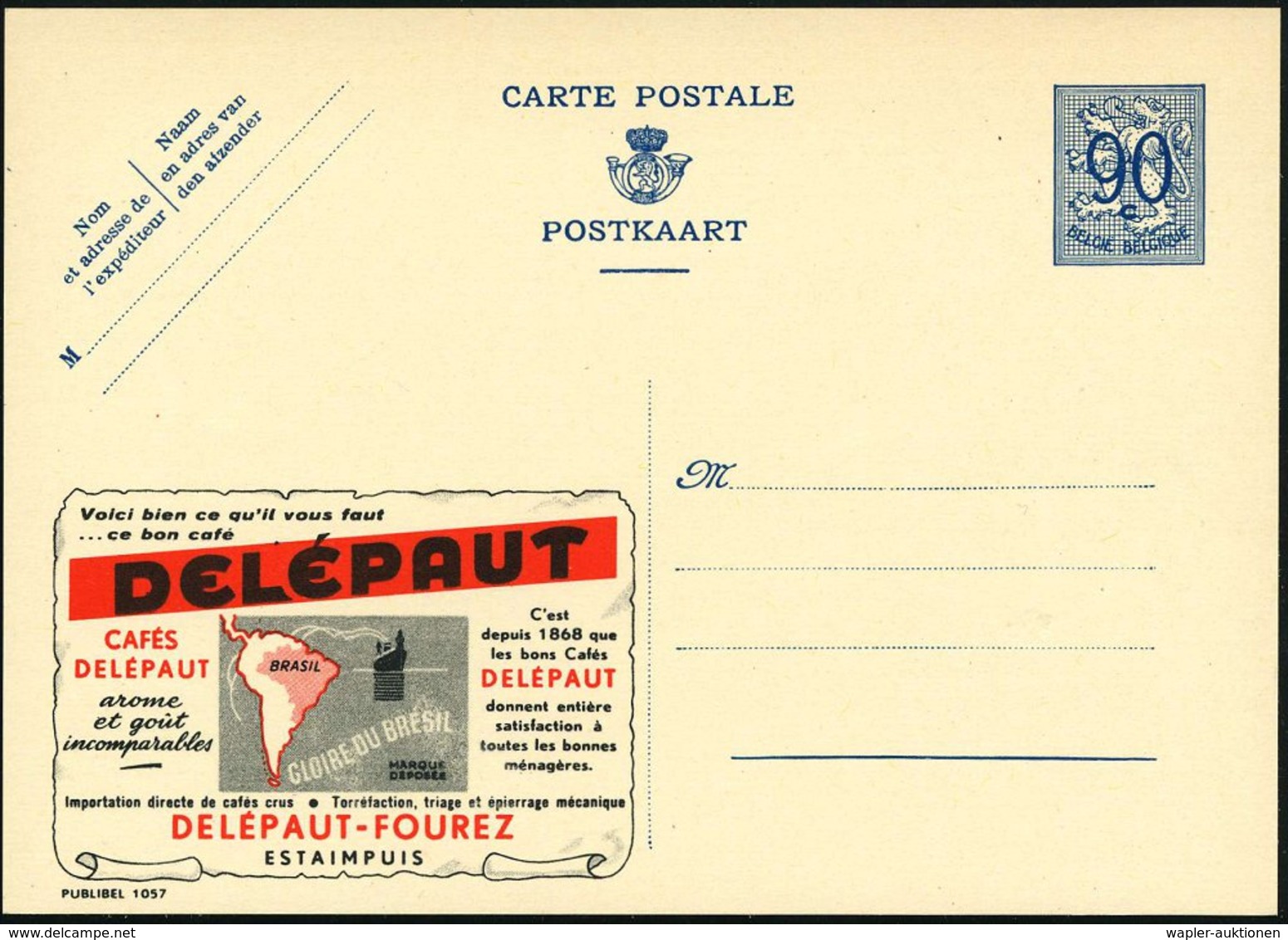 1951 BELGIEN, 90 C. Publibel-Ganzsache: DELEPAUT CAFES.. GLOIRE DU BRESIL (Landkarte Südamerika) Ungebr. (Mi.P 273  I /  - Other & Unclassified