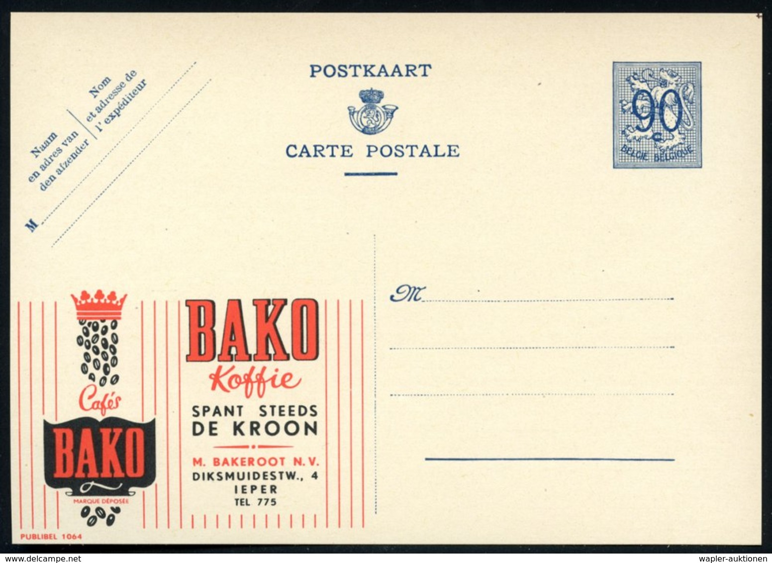 1951 BELGIEN, 90 C. Publibel-Ganzsache: BAKO Koffie.. (Krone U. Kaffeebohnen) Ungebr. (Mi.P 273 II / 1064) - Kaffee & Ca - Other & Unclassified